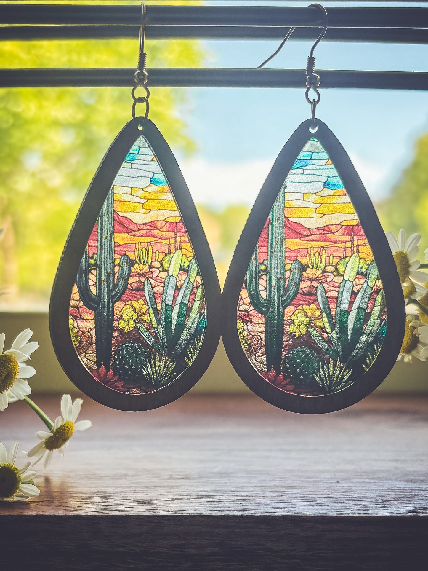 Beautiful Wood and Stained Glass Effect Earrings
