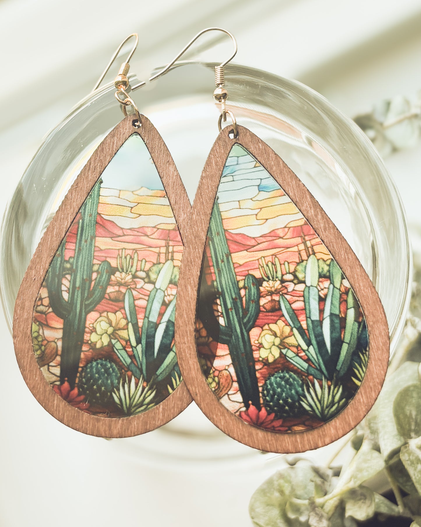 Beautiful Wood and Stained Glass Effect Earrings