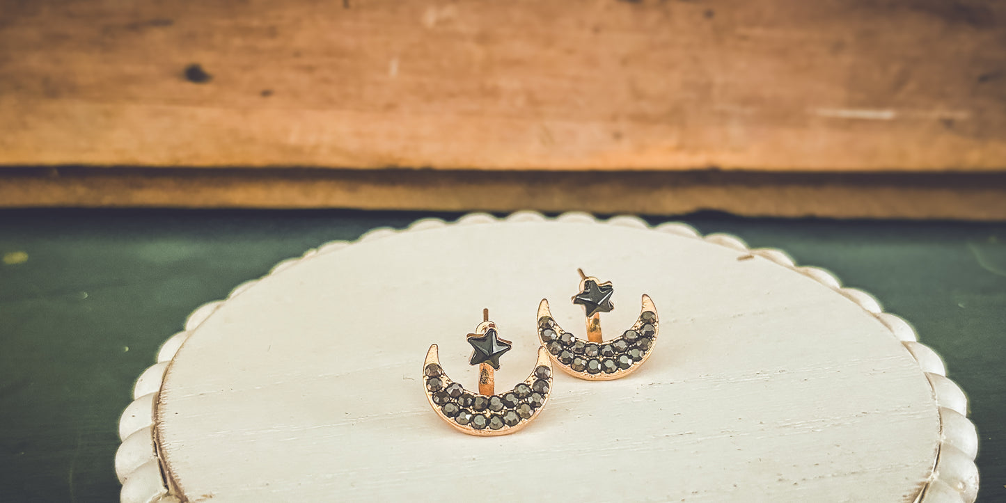 Black Moon and Star Jacket Earrings