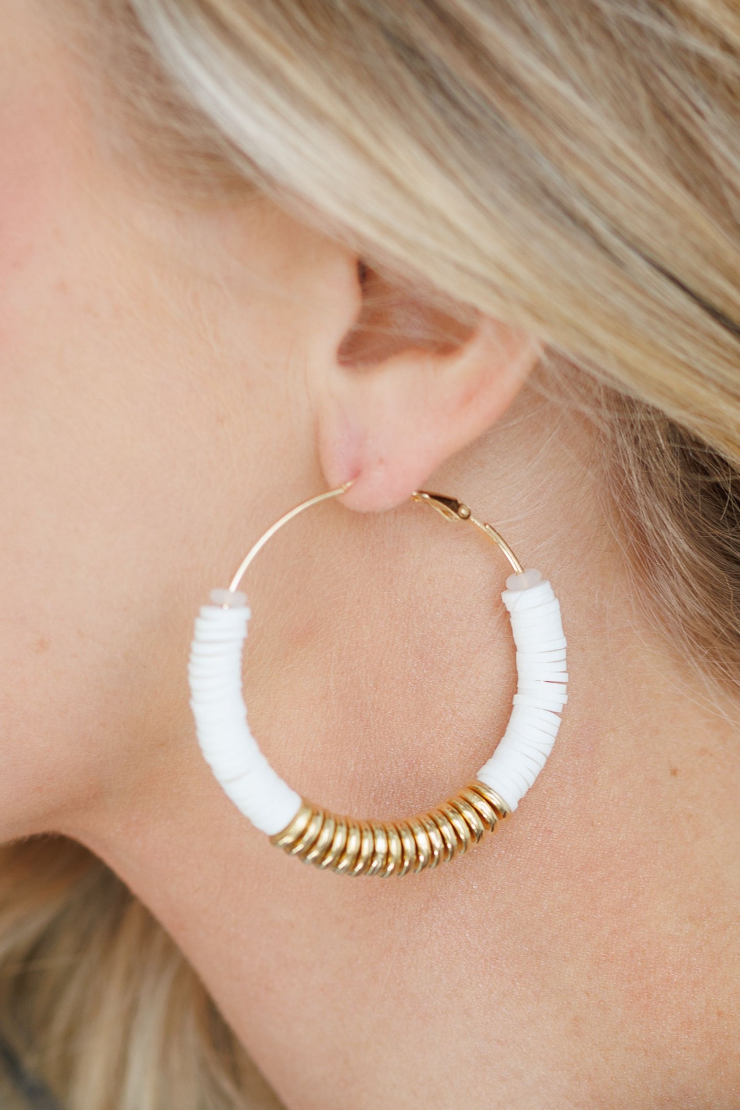 Beautiful White and Gold Clay Hoops