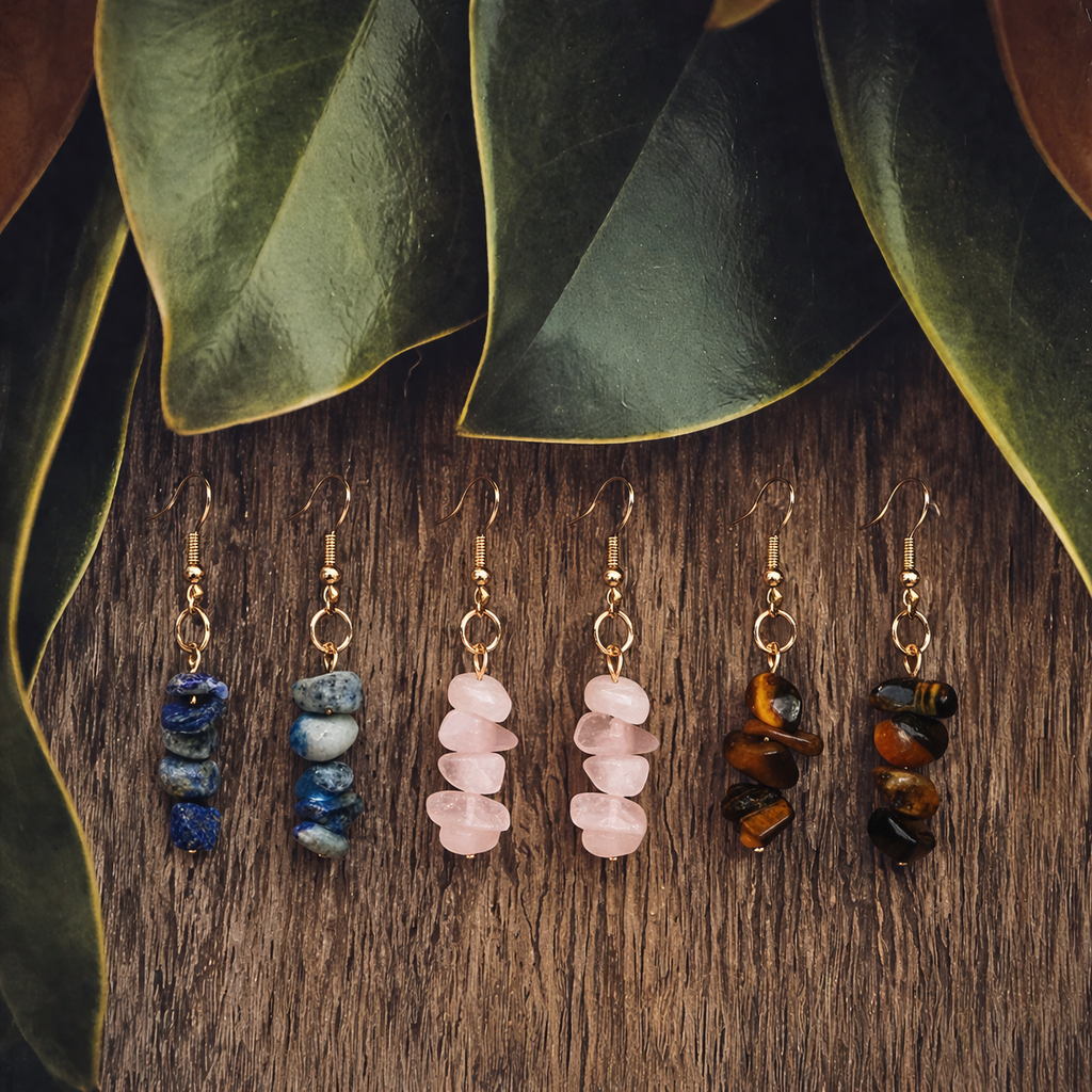 Three pairs of gemstone dangle earrings featuring gold-tone hooks and stacked tumbled stones in blue lapis lazuli pink rose quartz and golden-brown tiger's eye arranged on a rustic wooden surface with green leaves above