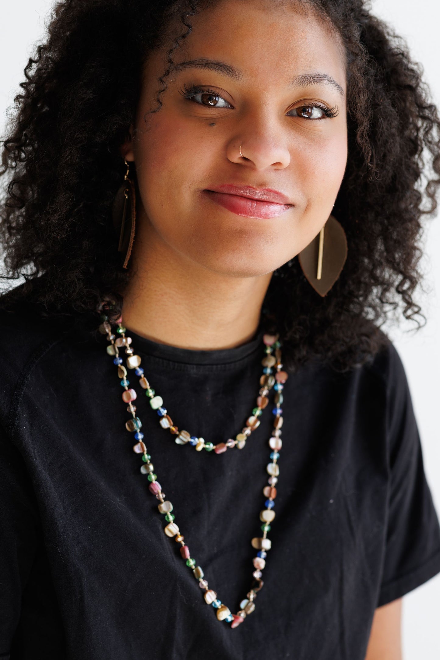 Genuine Leather Leaf Earrings with Gold Bar