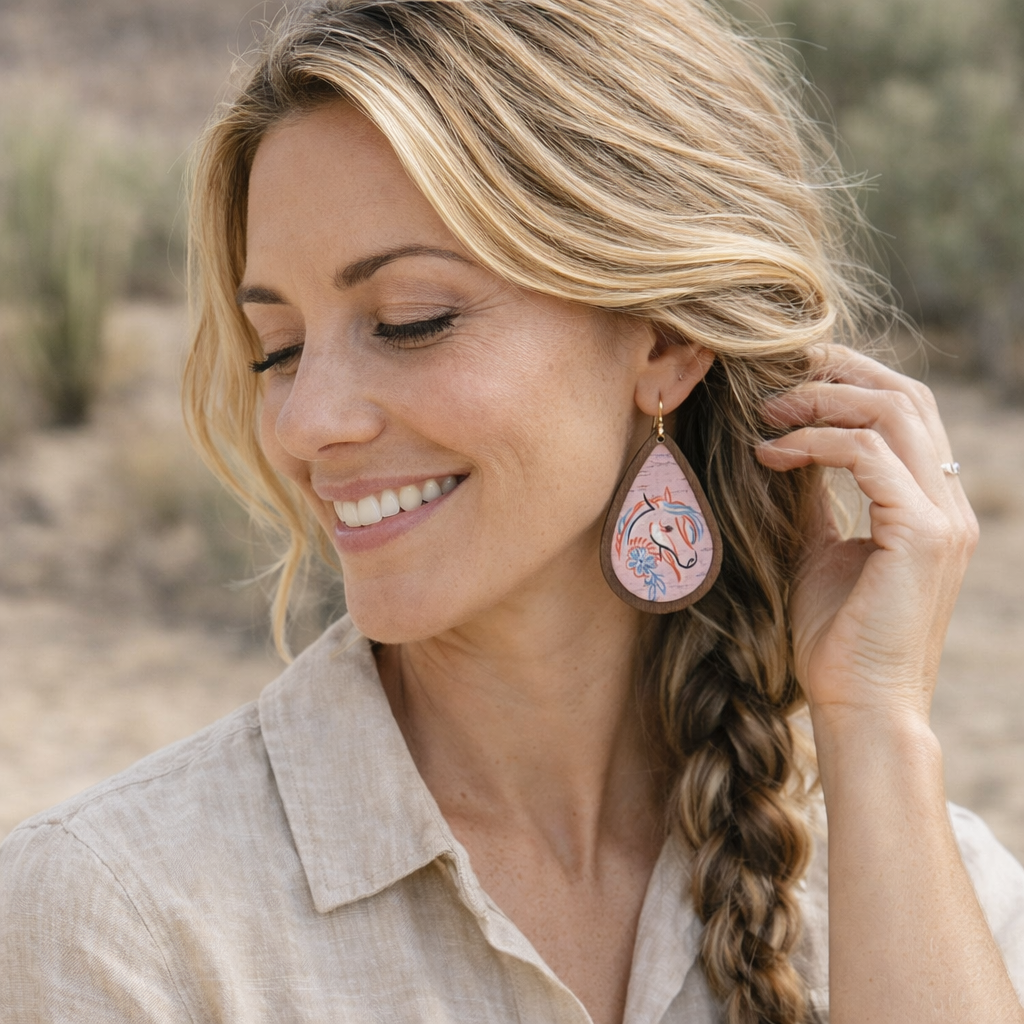 Beautiful Pink Pony Wood and Cork Earrings