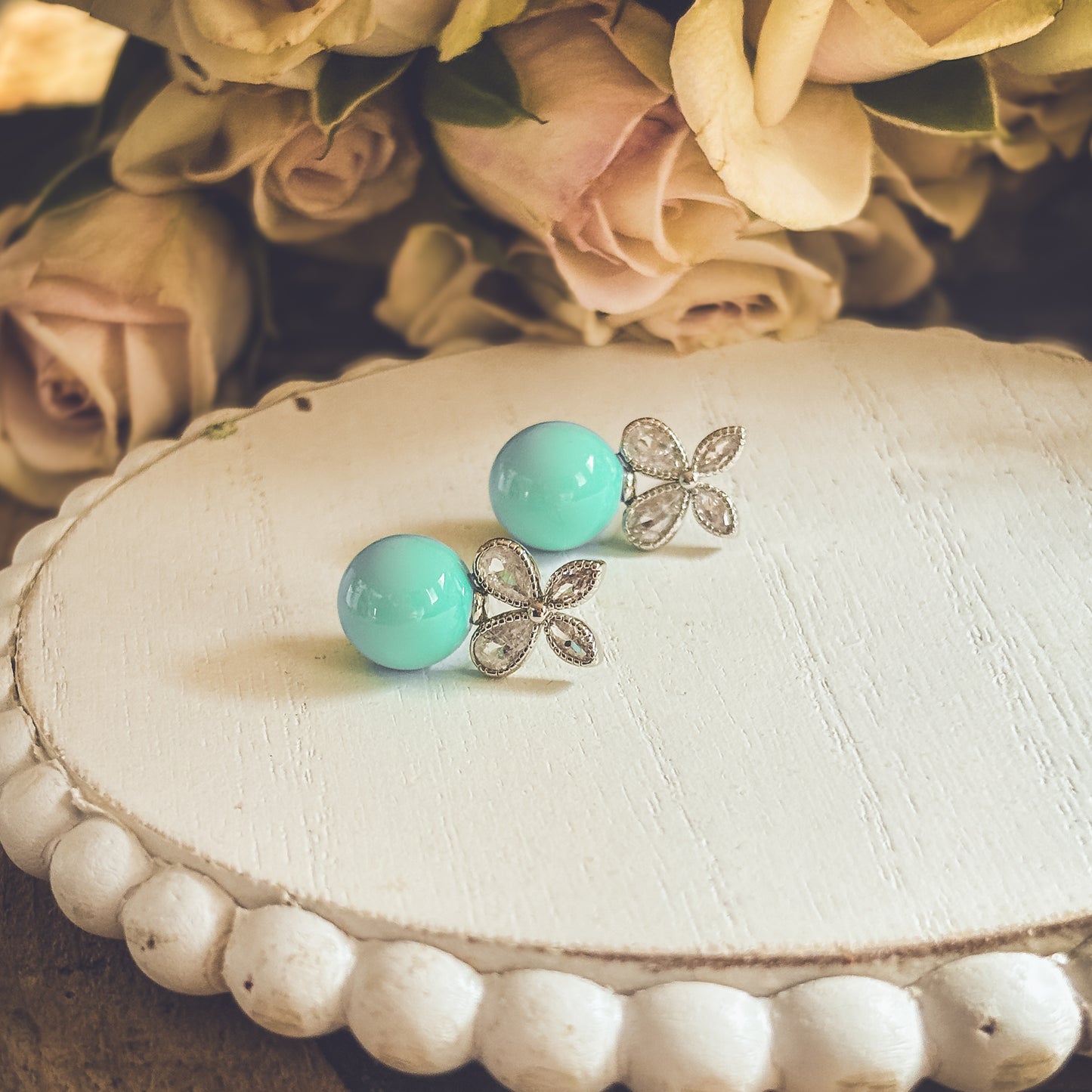 Beautiful Turquoise Ball and Crystal Stud Earrings