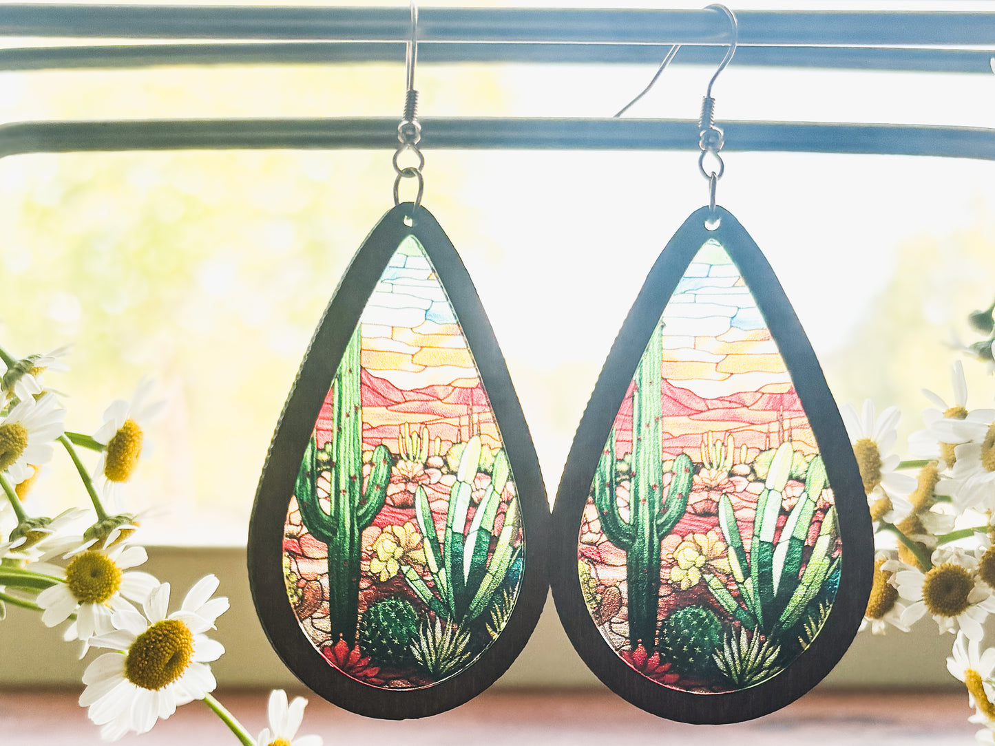 Beautiful Wood and Stained Glass Effect Earrings