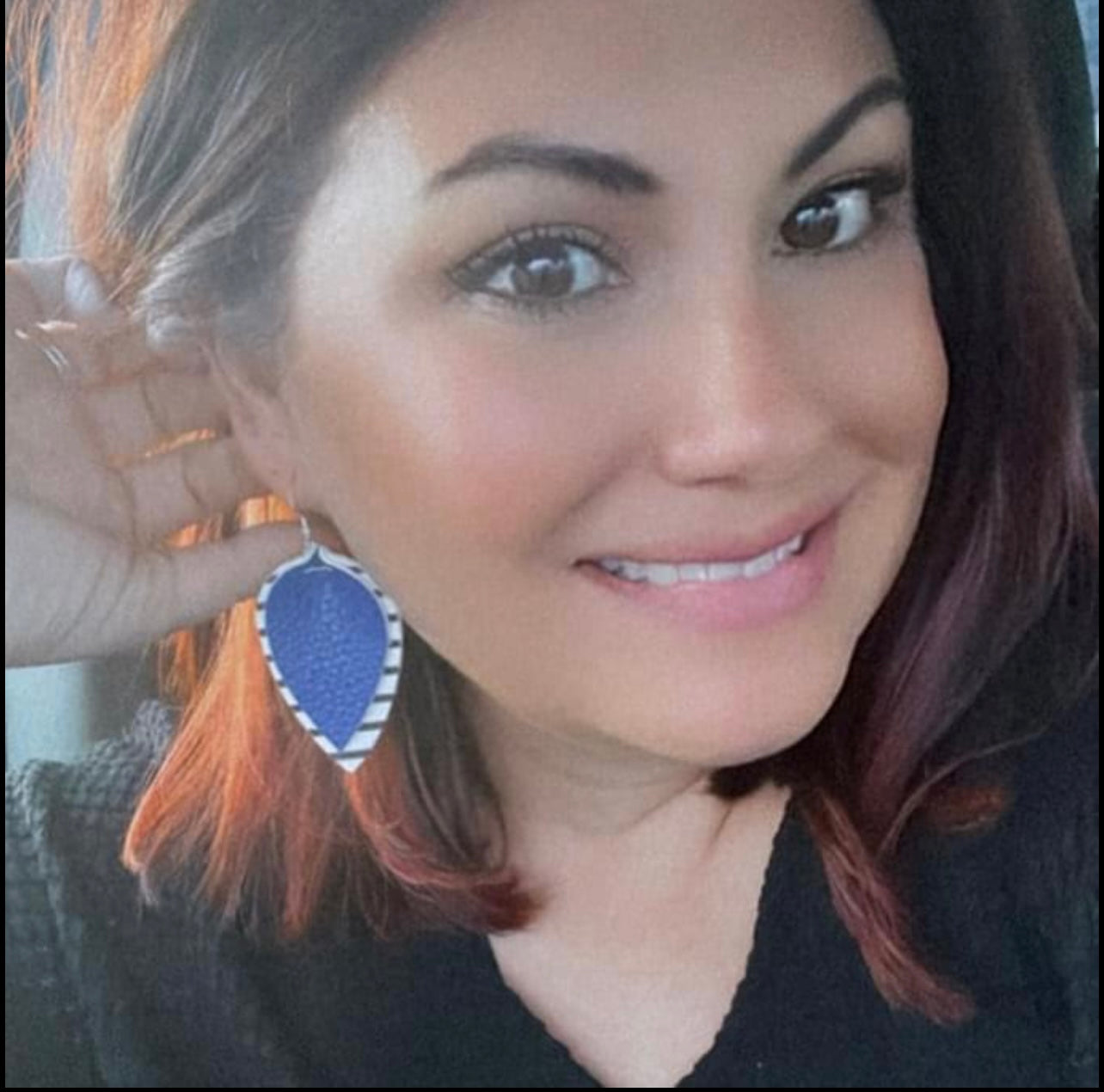 Blue Striped Leather Drop Earrings