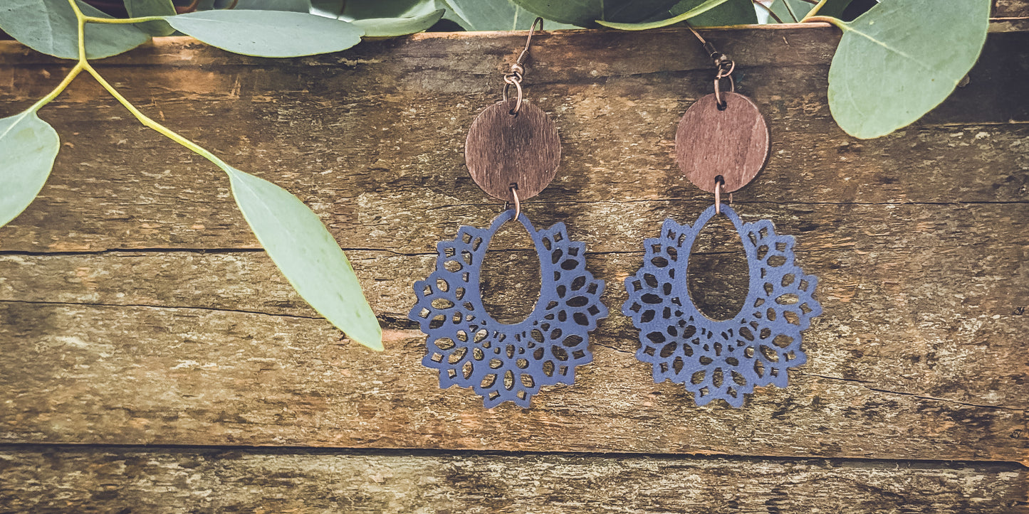 Beautiful Blue Wood and Leather Earrings
