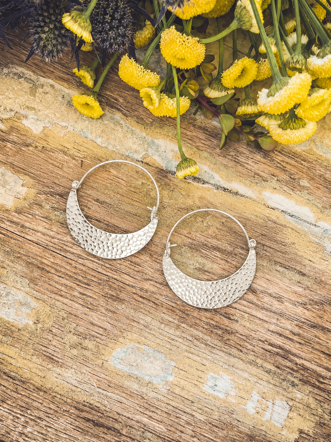 Hammered Silver Crescent Hoops