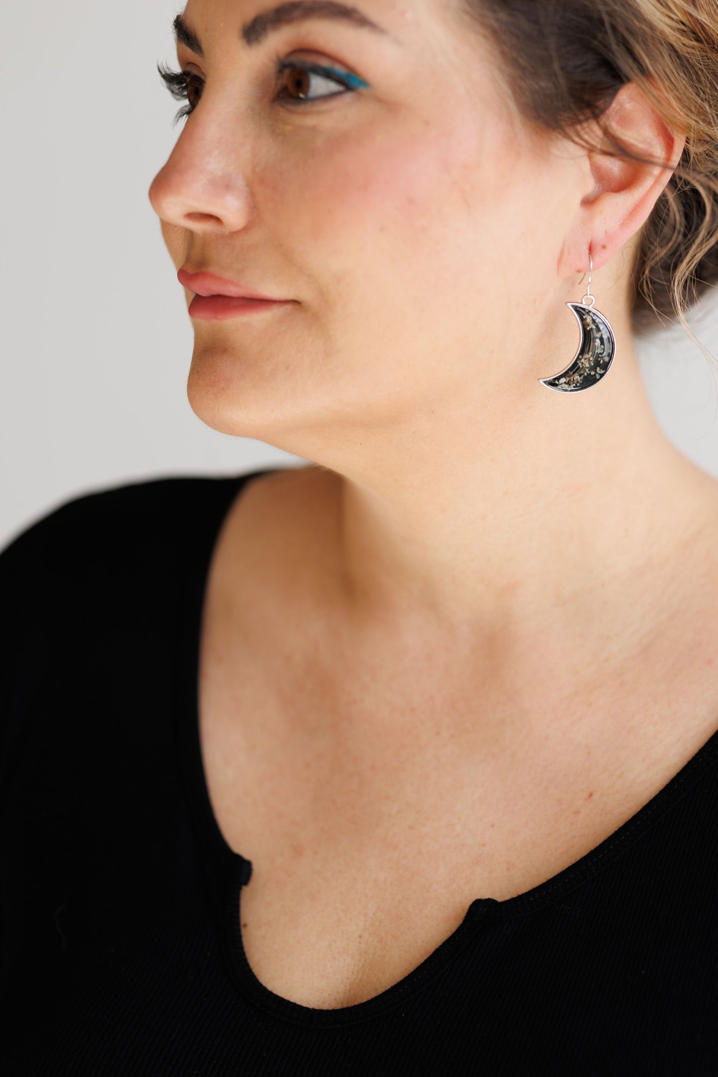 Midnight Moon Crescent Earrings with Pressed Flowers
