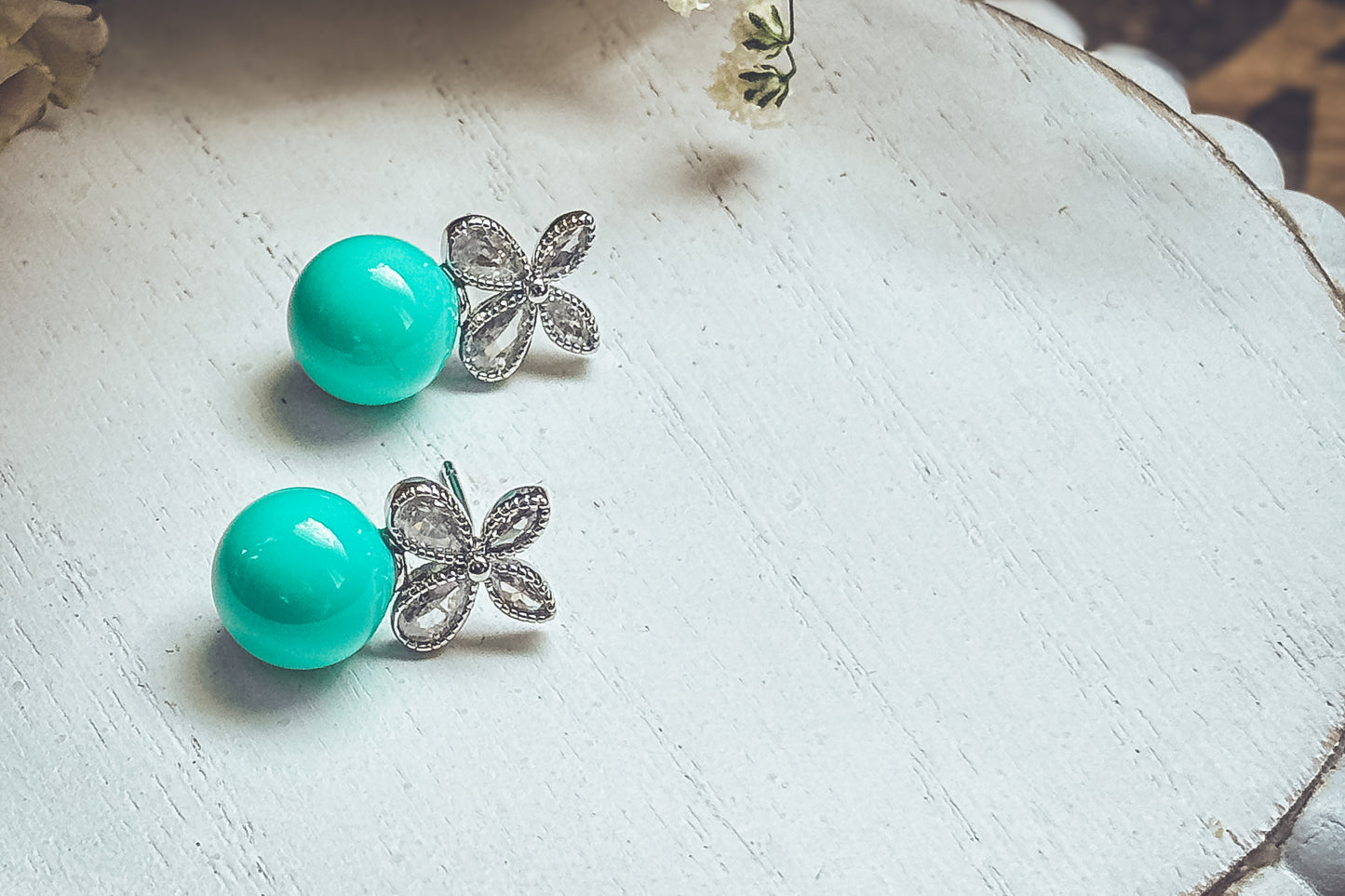 Beautiful Turquoise Ball and Crystal Stud Earrings