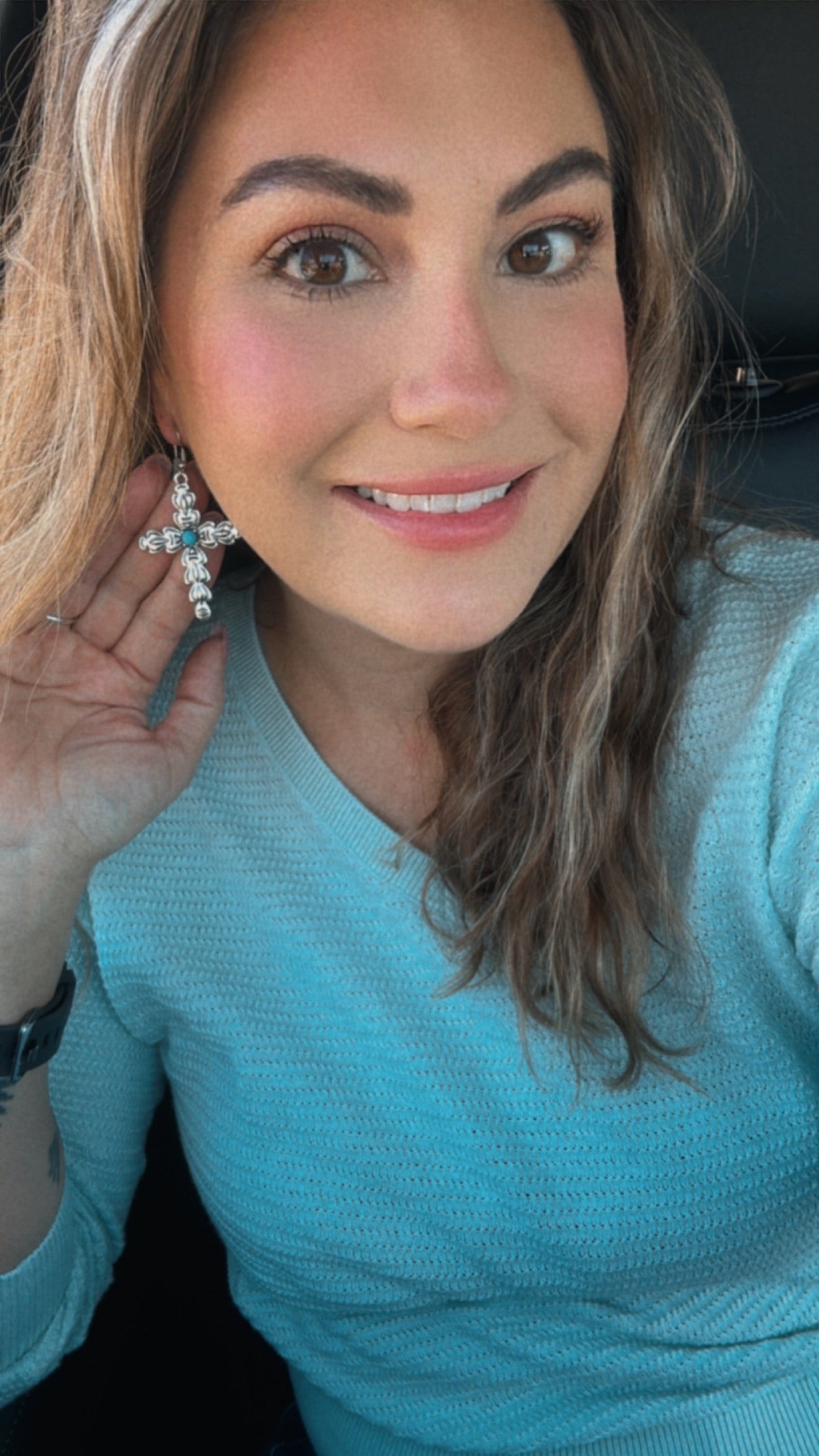 Beautiful Southwest Silver and Turquoise Cross Earrings