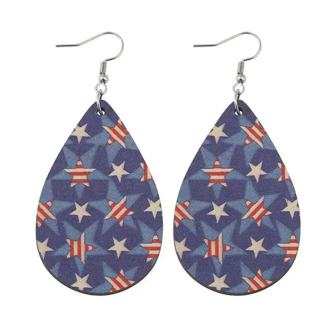 Jewelry: A pair of patriotic teardrop earrings showcasing cream and red striped stars on a dark blue background