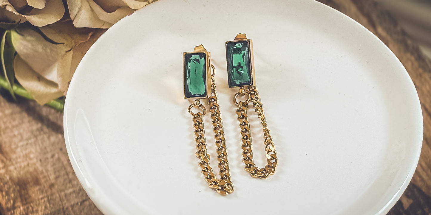 Beautiful Gold Chain and Emerald Earrings