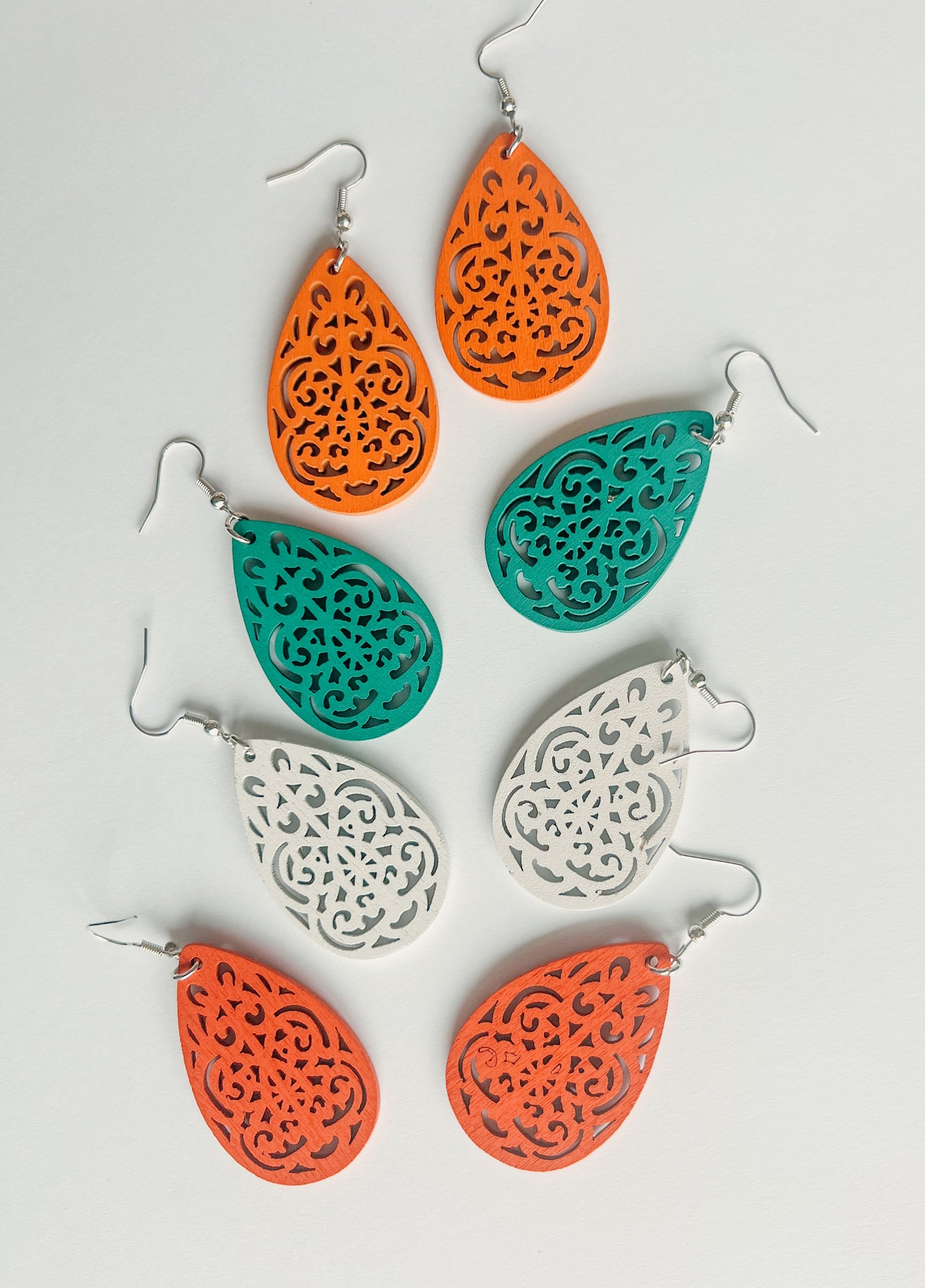 Set of Four Beautiful Carved Wood Earrings