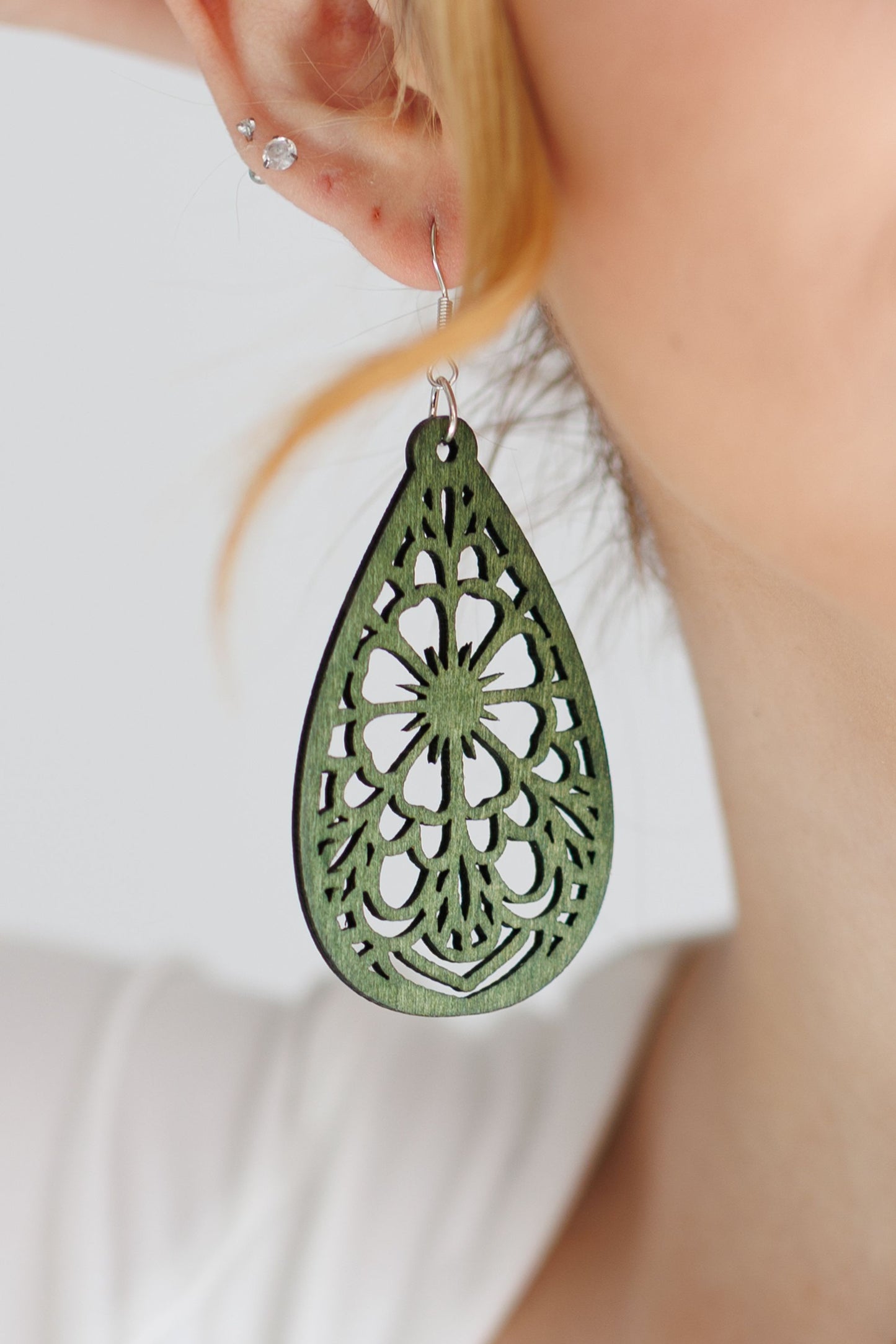 Beautiful Green Laser Cut Wood Floral Earrings