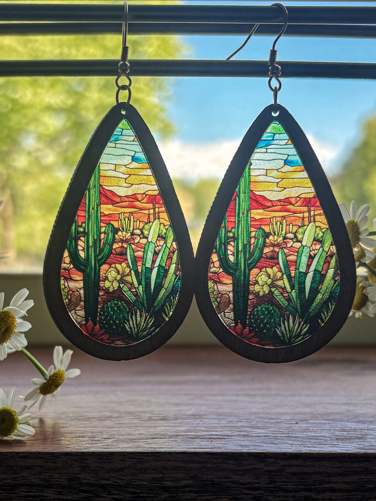 Beautiful Wood and Stained Glass Effect Earrings