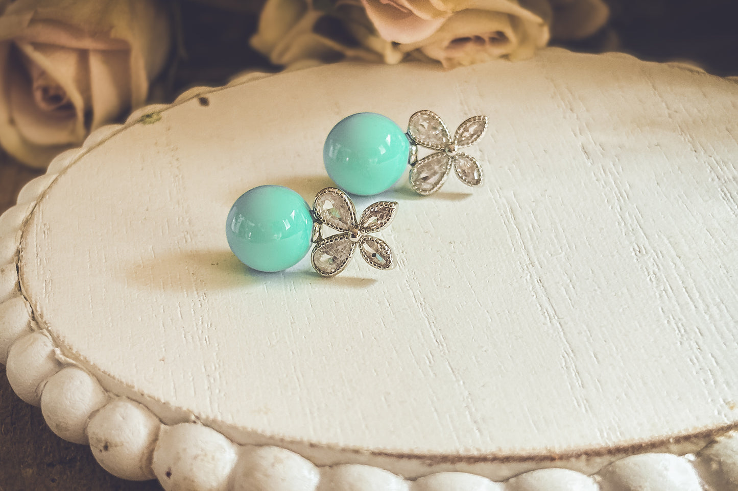 Beautiful Turquoise Ball and Crystal Stud Earrings