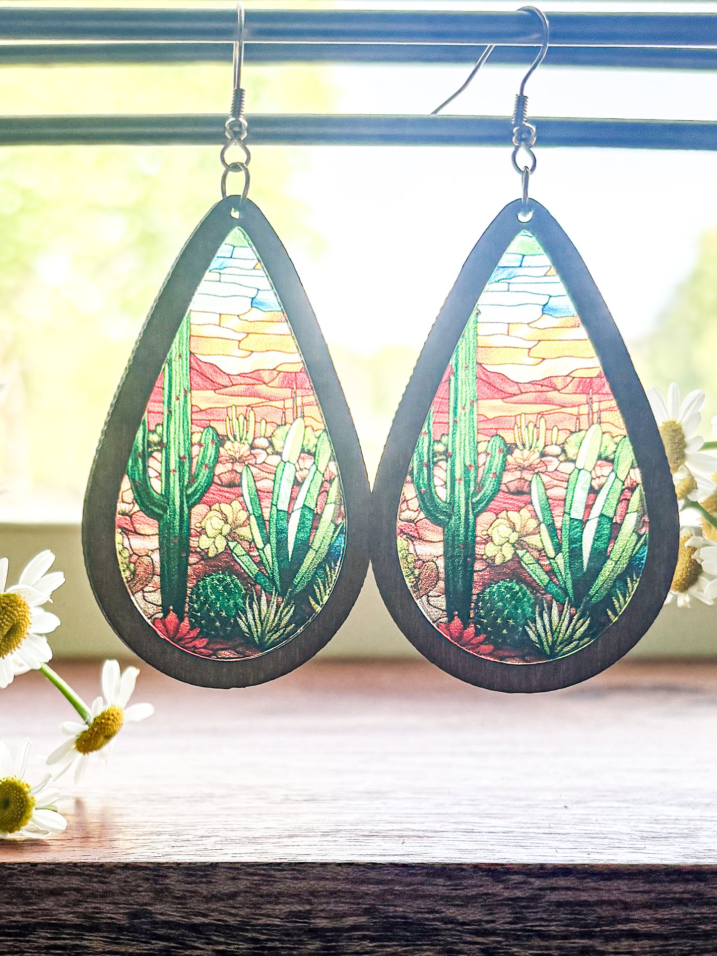 Beautiful Wood and Stained Glass Effect Earrings