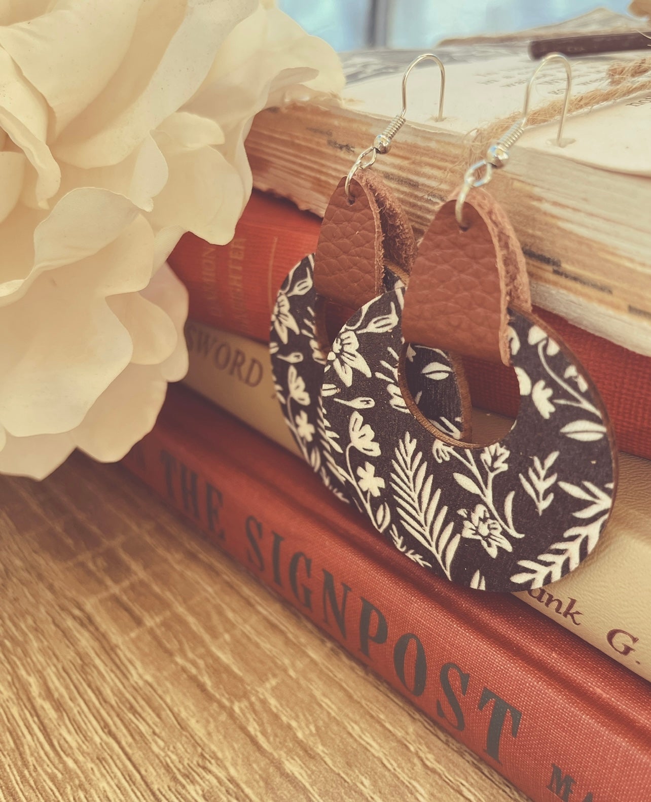 Beautiful Wood and Leather Circle Hoop Earrings