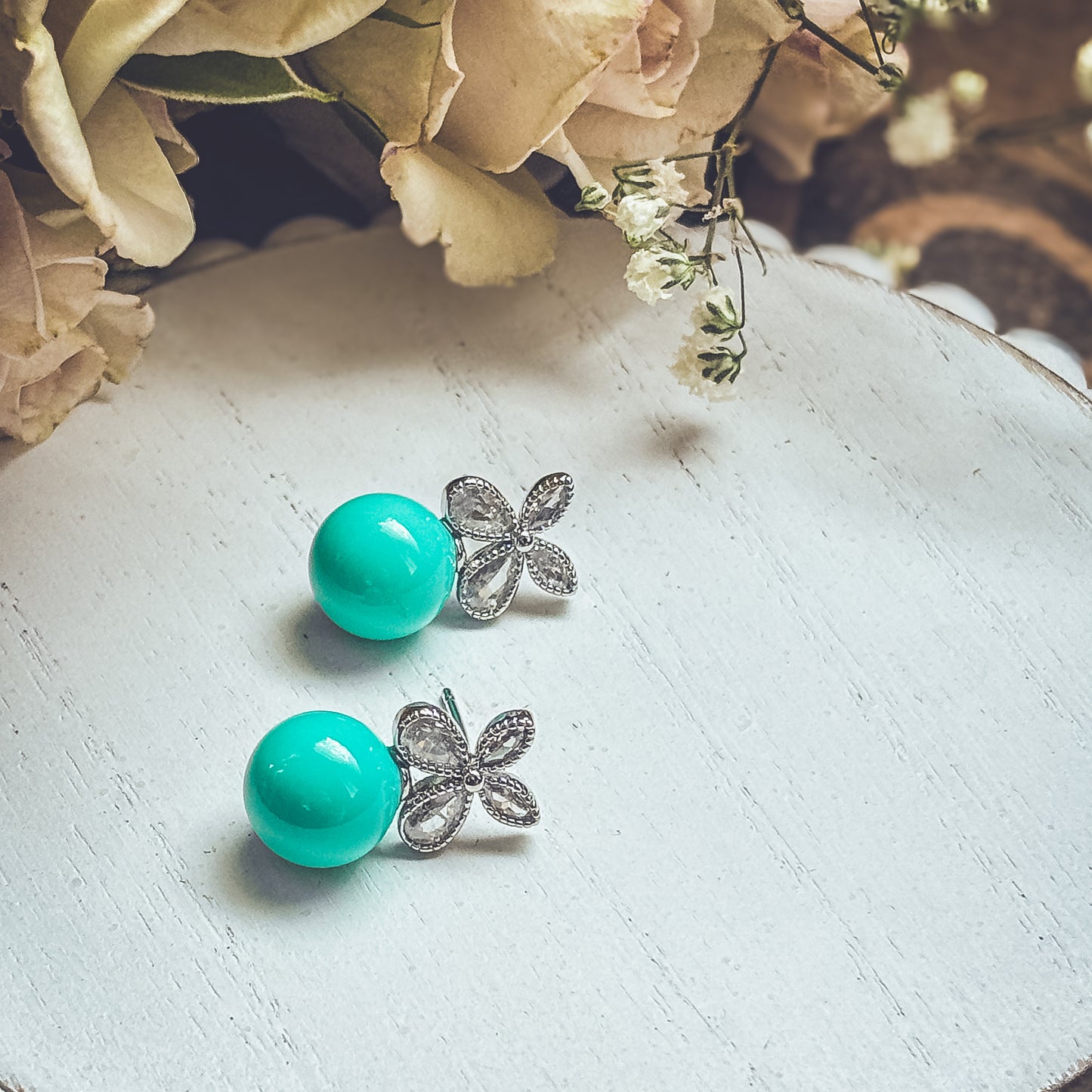 Beautiful Turquoise Ball and Crystal Stud Earrings