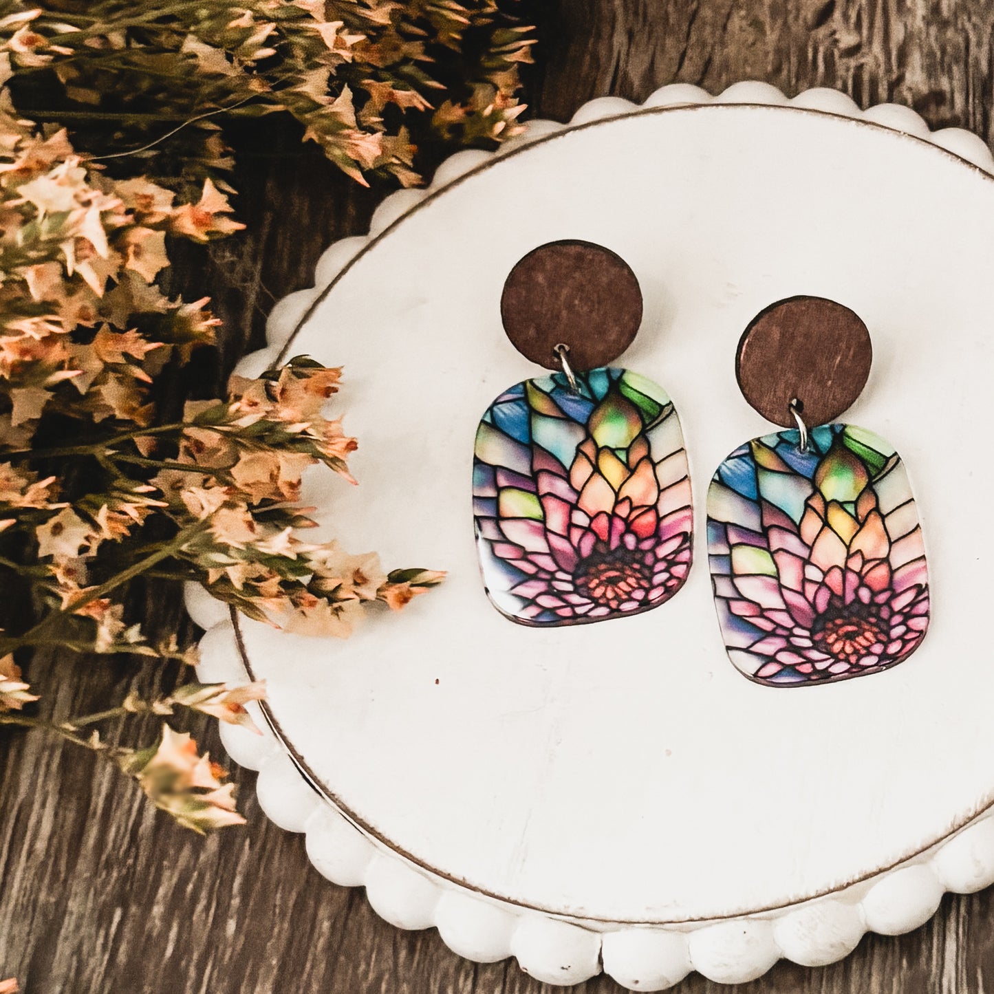 Beautiful Wood and Stained Glass Effect Earrings