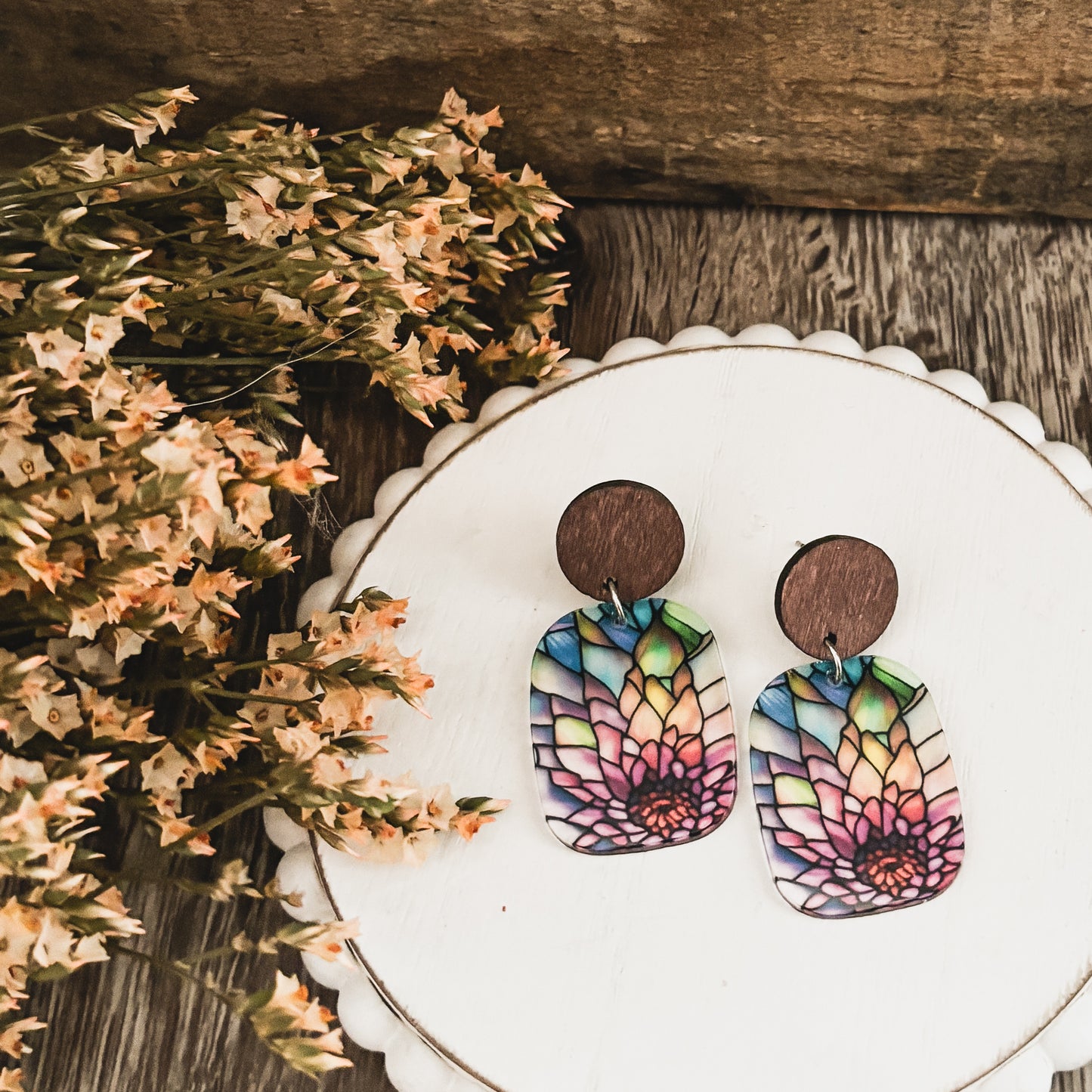Beautiful Wood and Stained Glass Effect Earrings