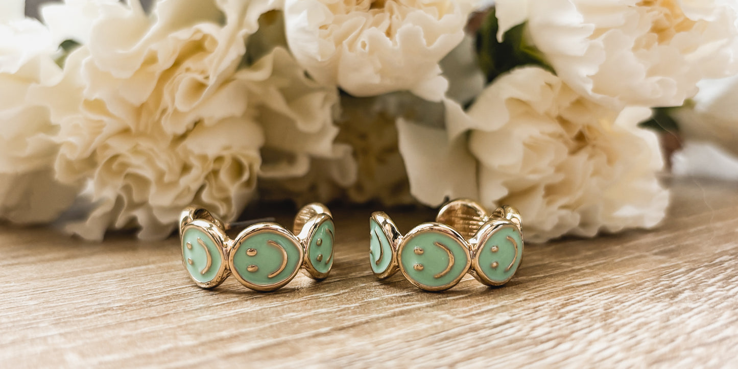 Adorable Smiley Face Hoop Earrings-Mint
