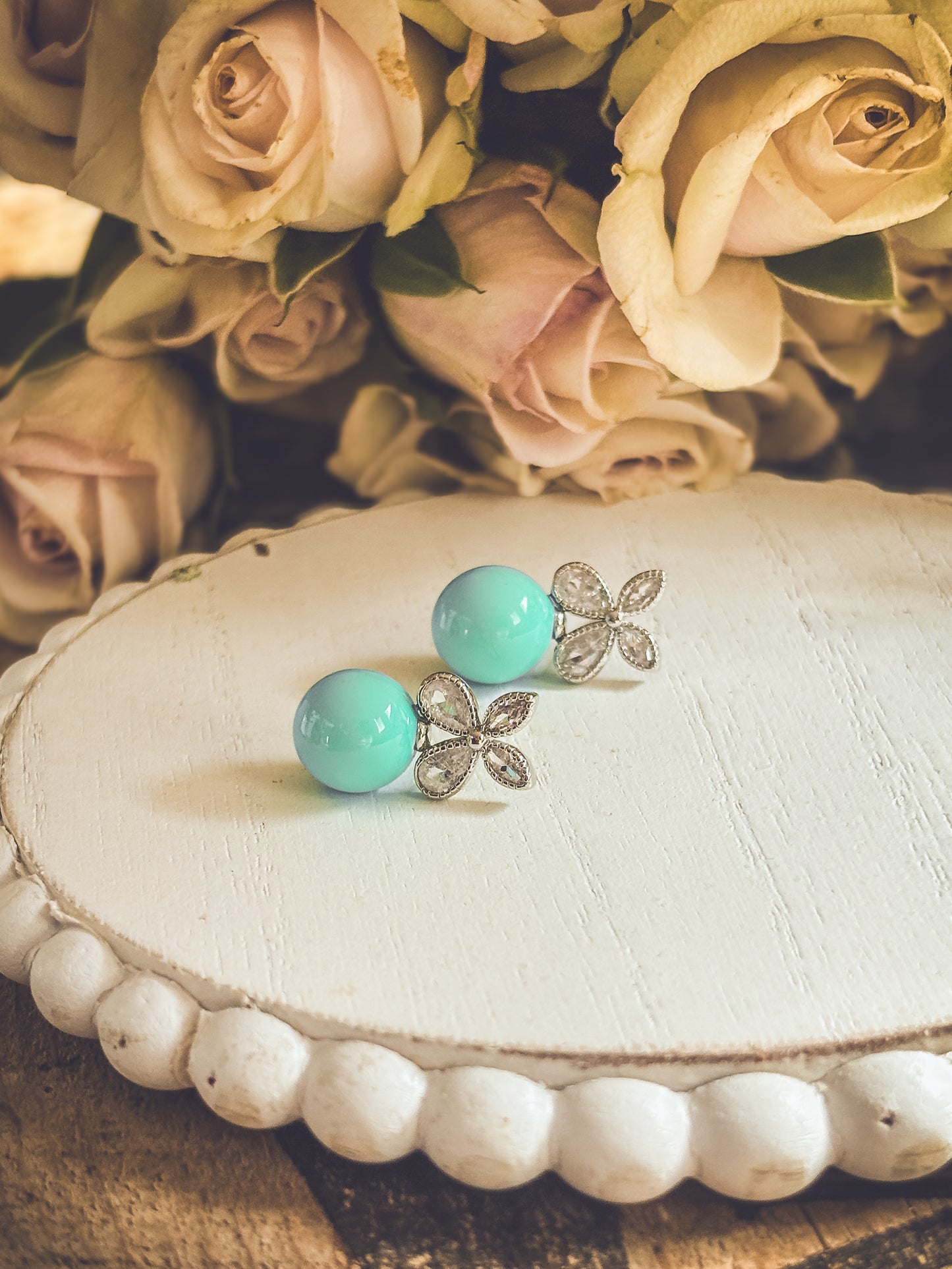 Beautiful Turquoise Ball and Crystal Stud Earrings