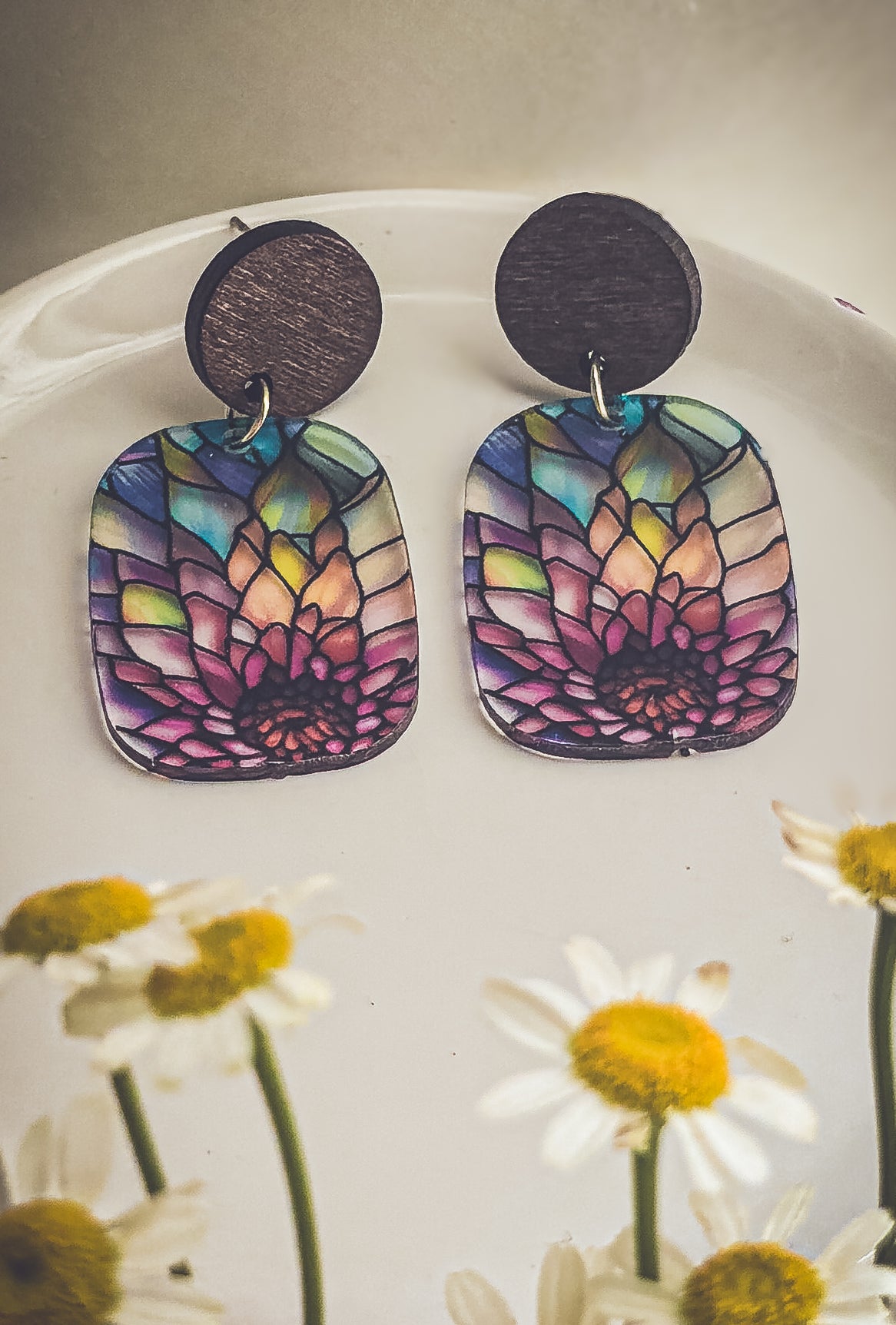 Beautiful Wood and Stained Glass Effect Earrings