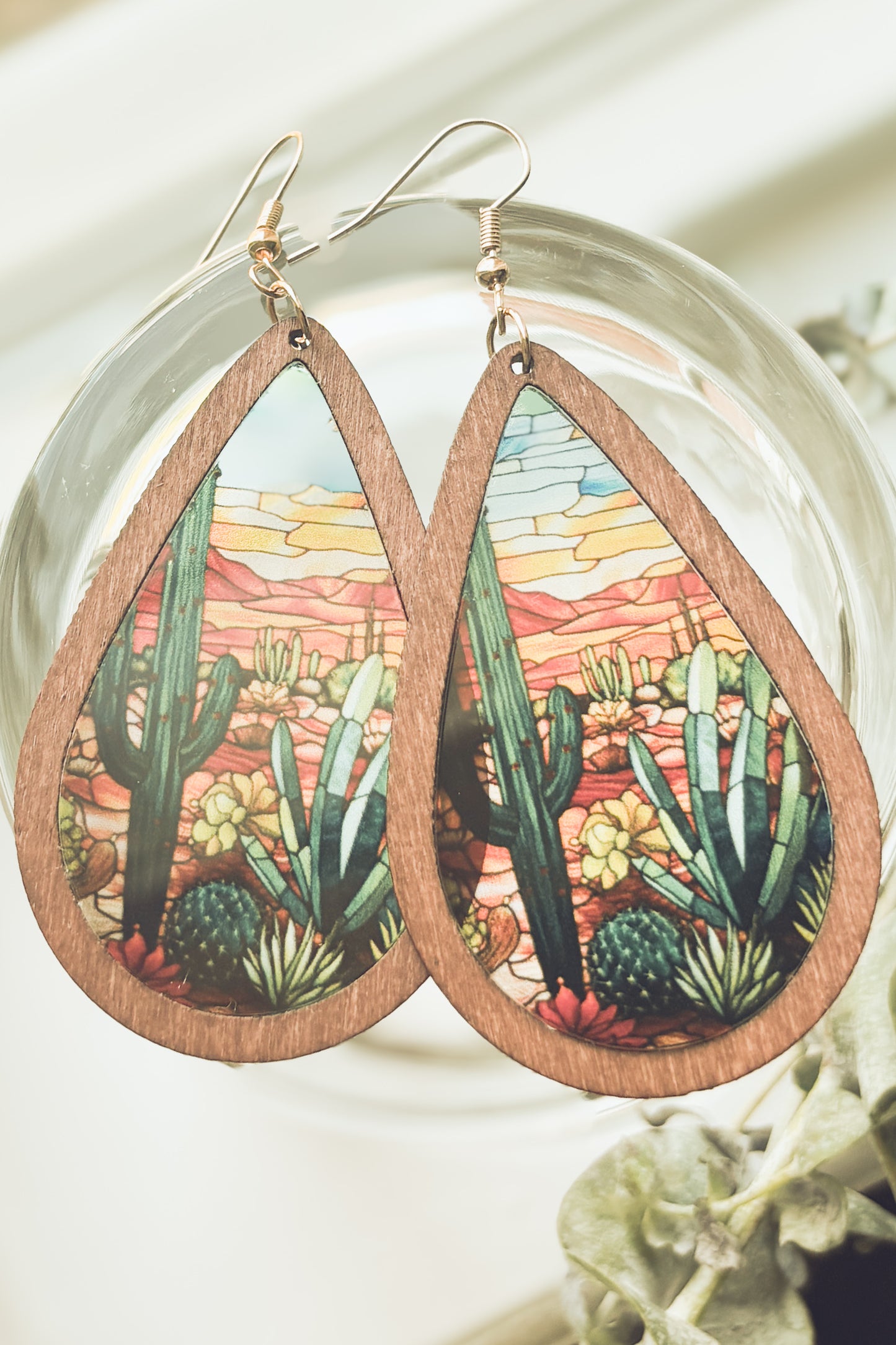Beautiful Wood and Stained Glass Effect Earrings