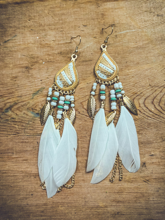 Beautiful White Boho Feather Earrings