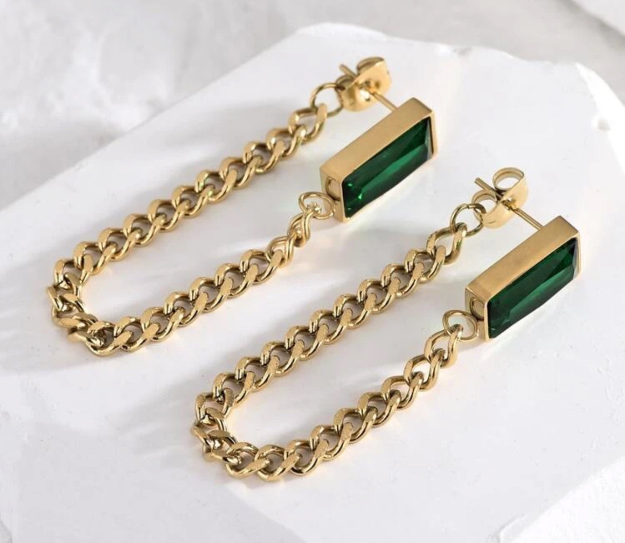 Beautiful Gold Chain and Emerald Earrings