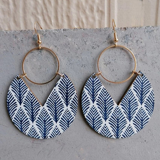 Geometric Pattern Circle Wood Earrings