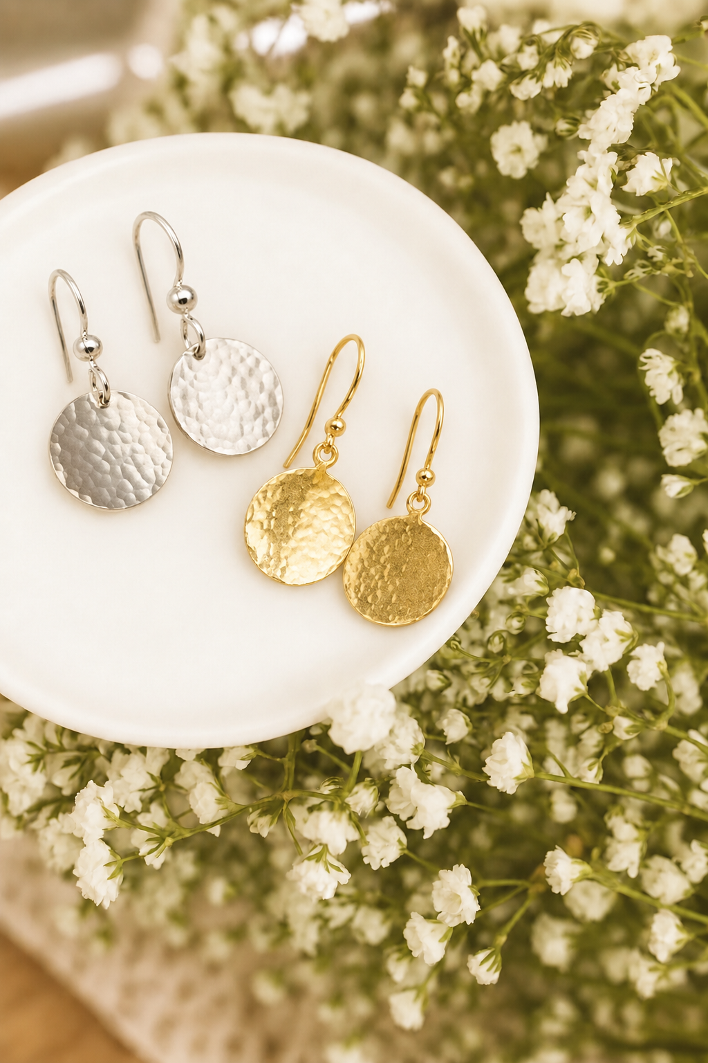 Hammered Disc Drop Earrings – Gold or Silver