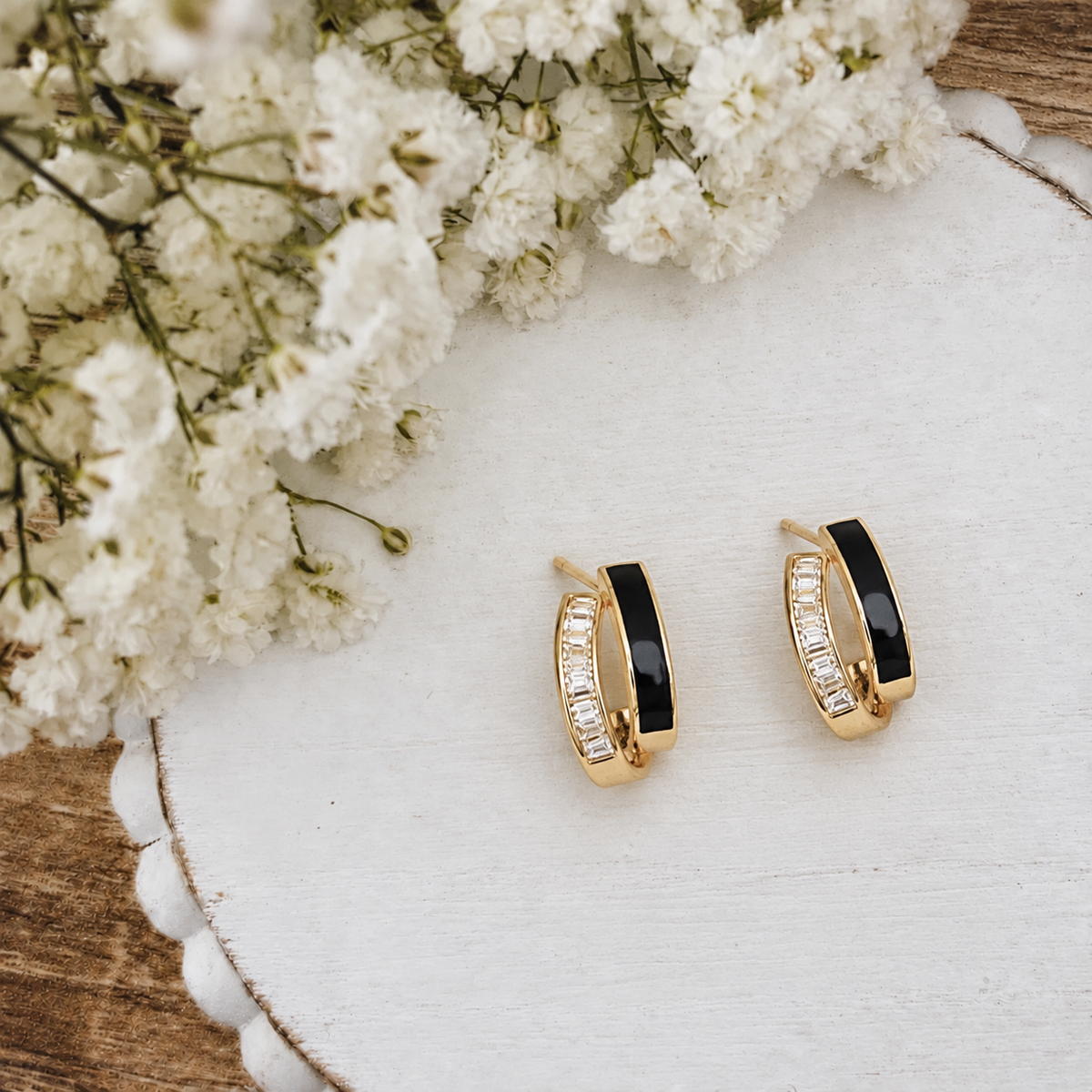 Black Enamel & Crystal Double Huggie Earrings