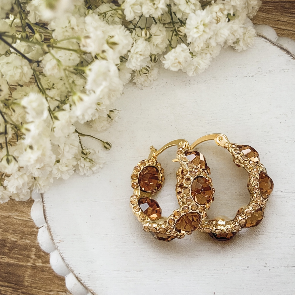 Beautiful Gold and Brown Crystal Hoop Earrings