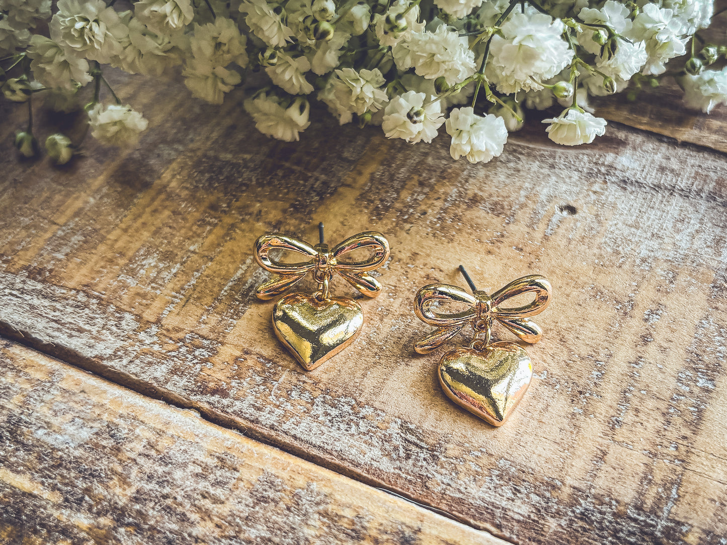 Beautiful Gold Heart Bow Earrings