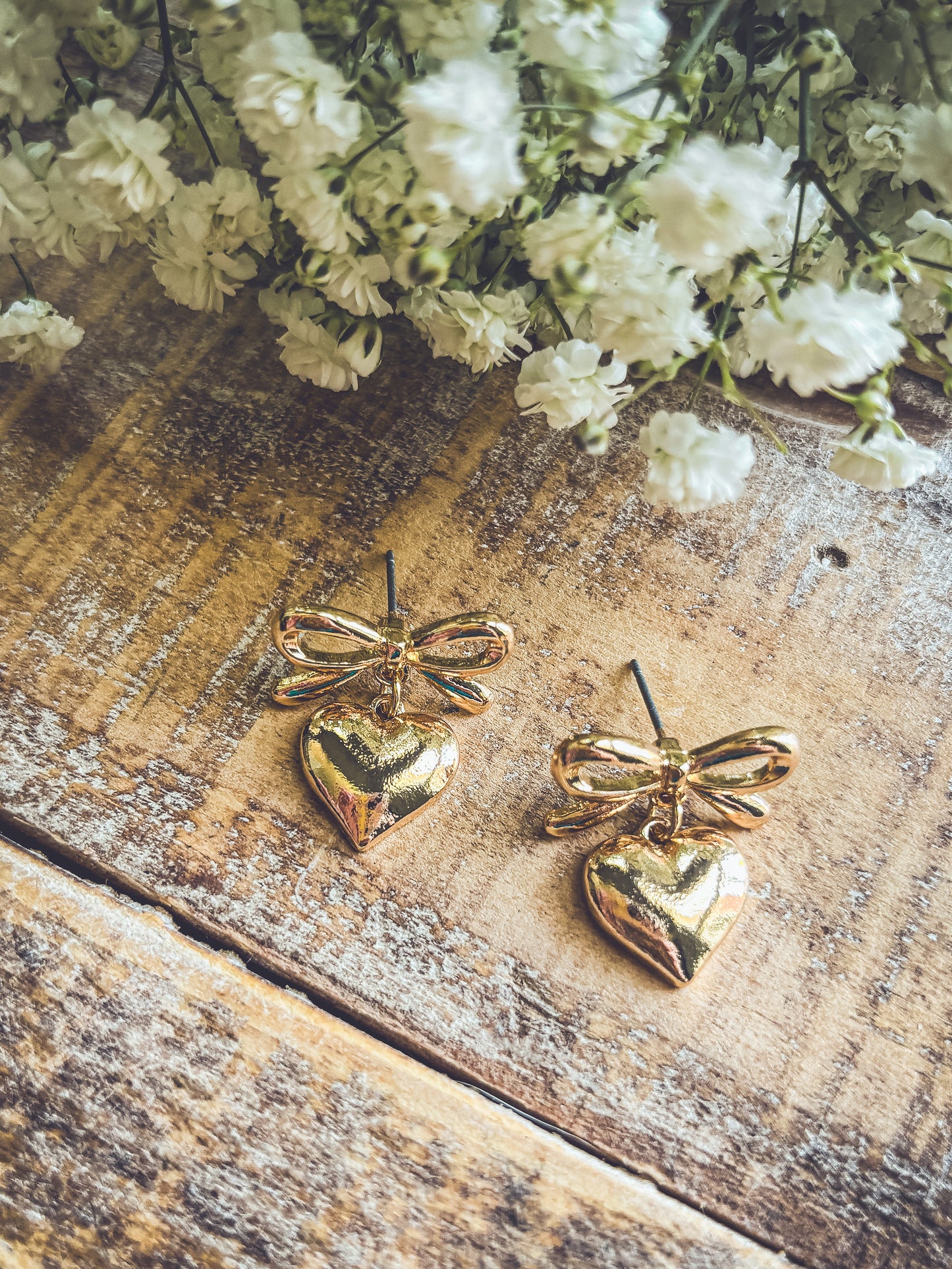 Beautiful Gold Heart Bow Earrings