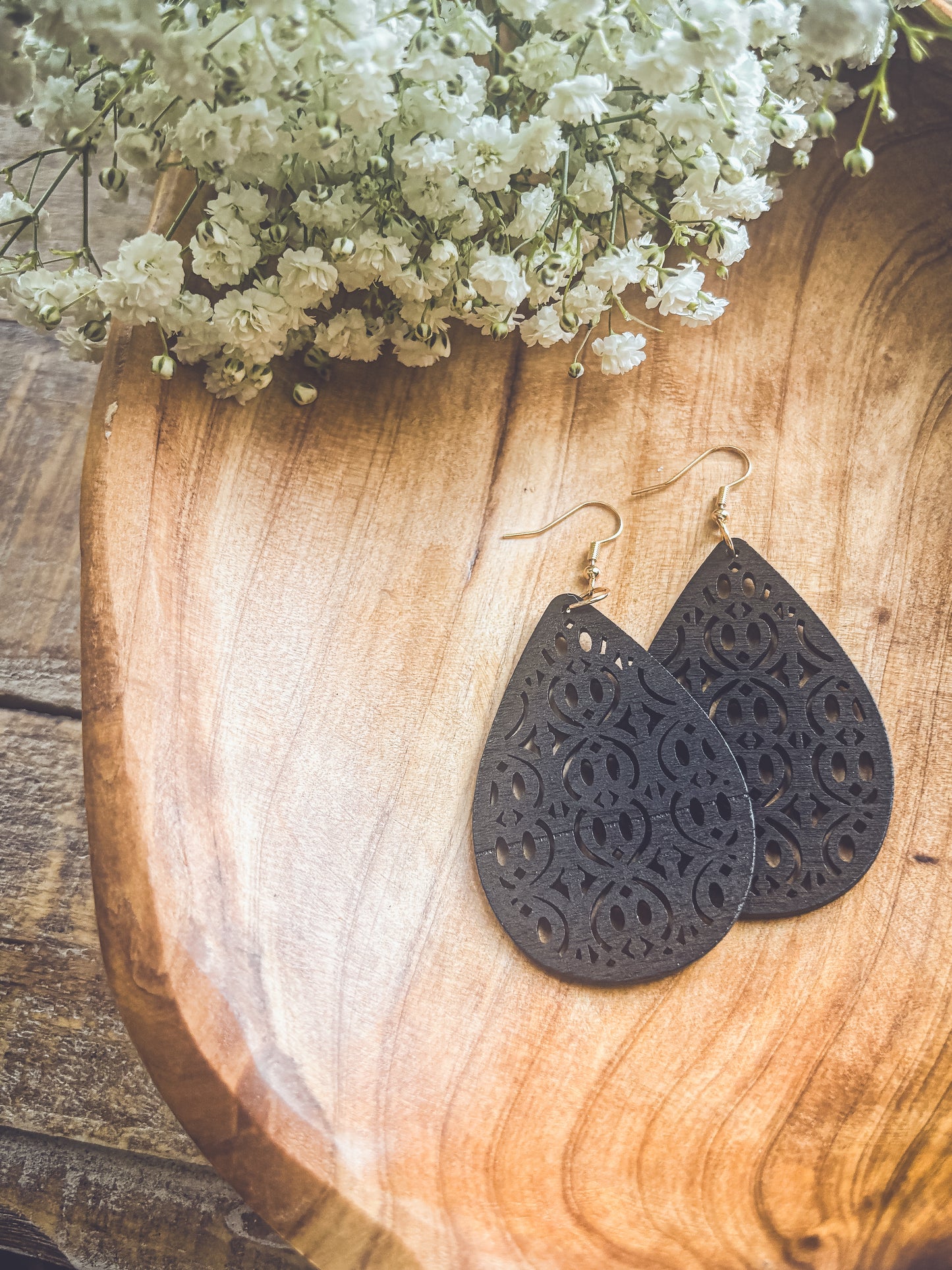 Beautiful Black Wooden Laser Cut Earrings