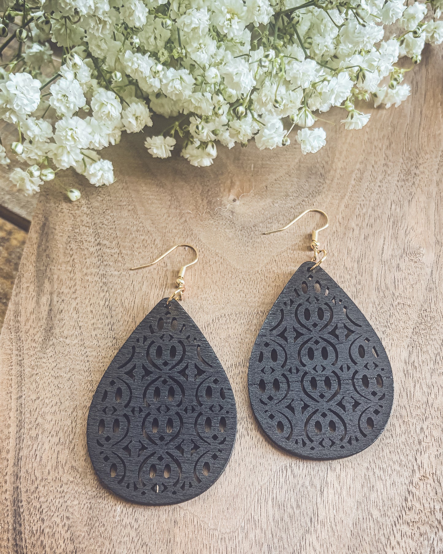 Beautiful Black Wooden Laser Cut Earrings