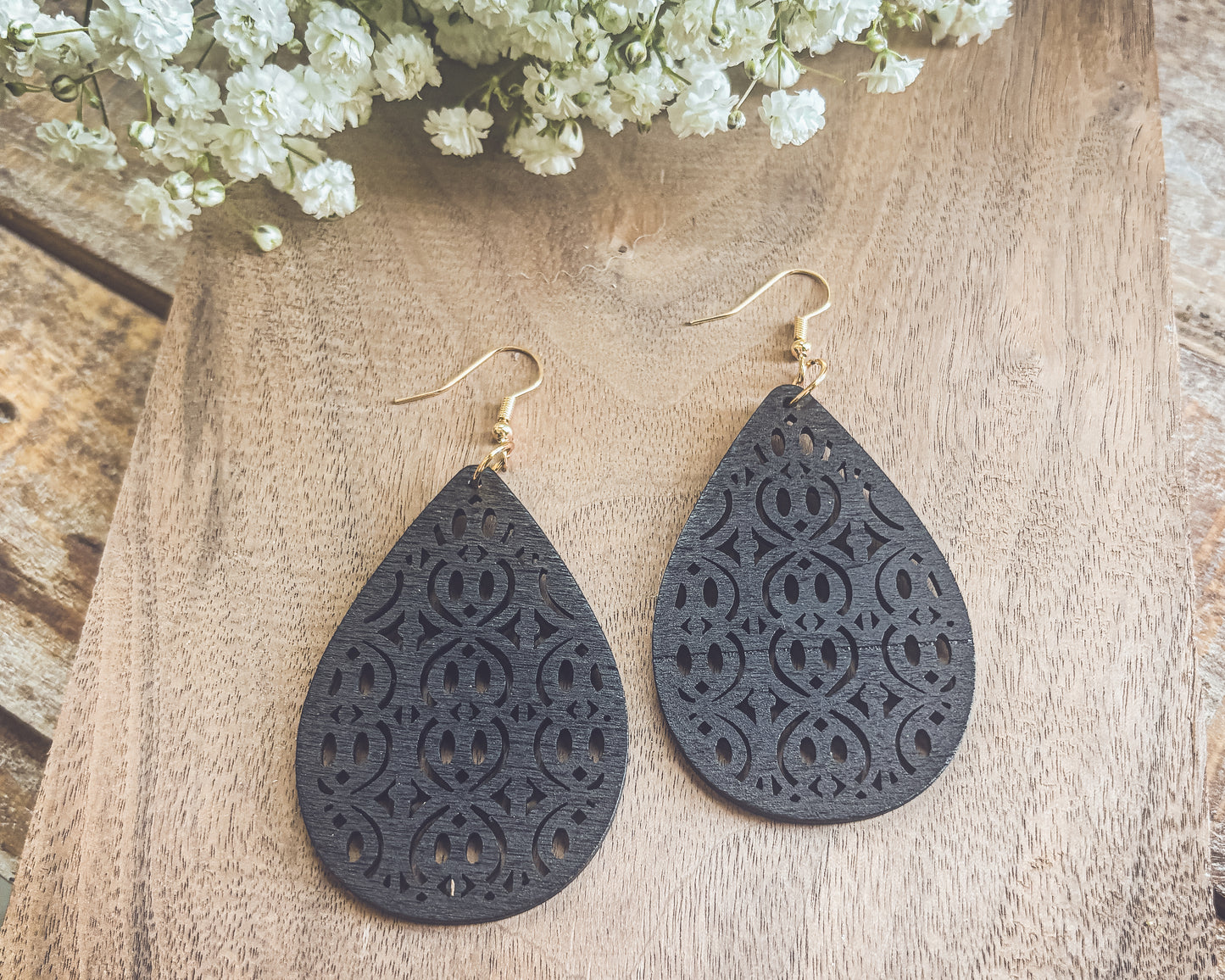 Beautiful Black Wooden Laser Cut Earrings