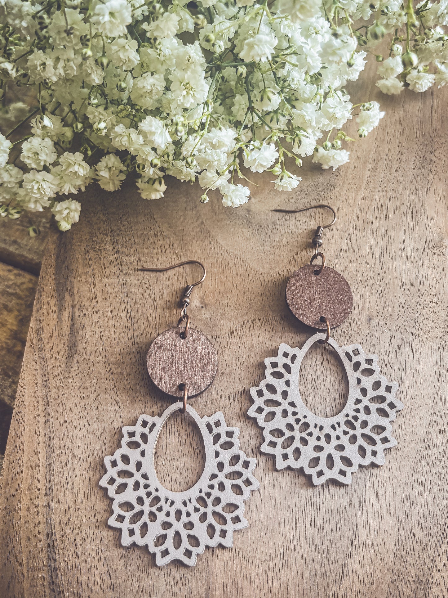 Beautiful Off White Wood Lavender Hued and Leather Earrings
