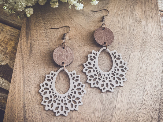 Beautiful Off White Wood Lavender Hued and Leather Earrings
