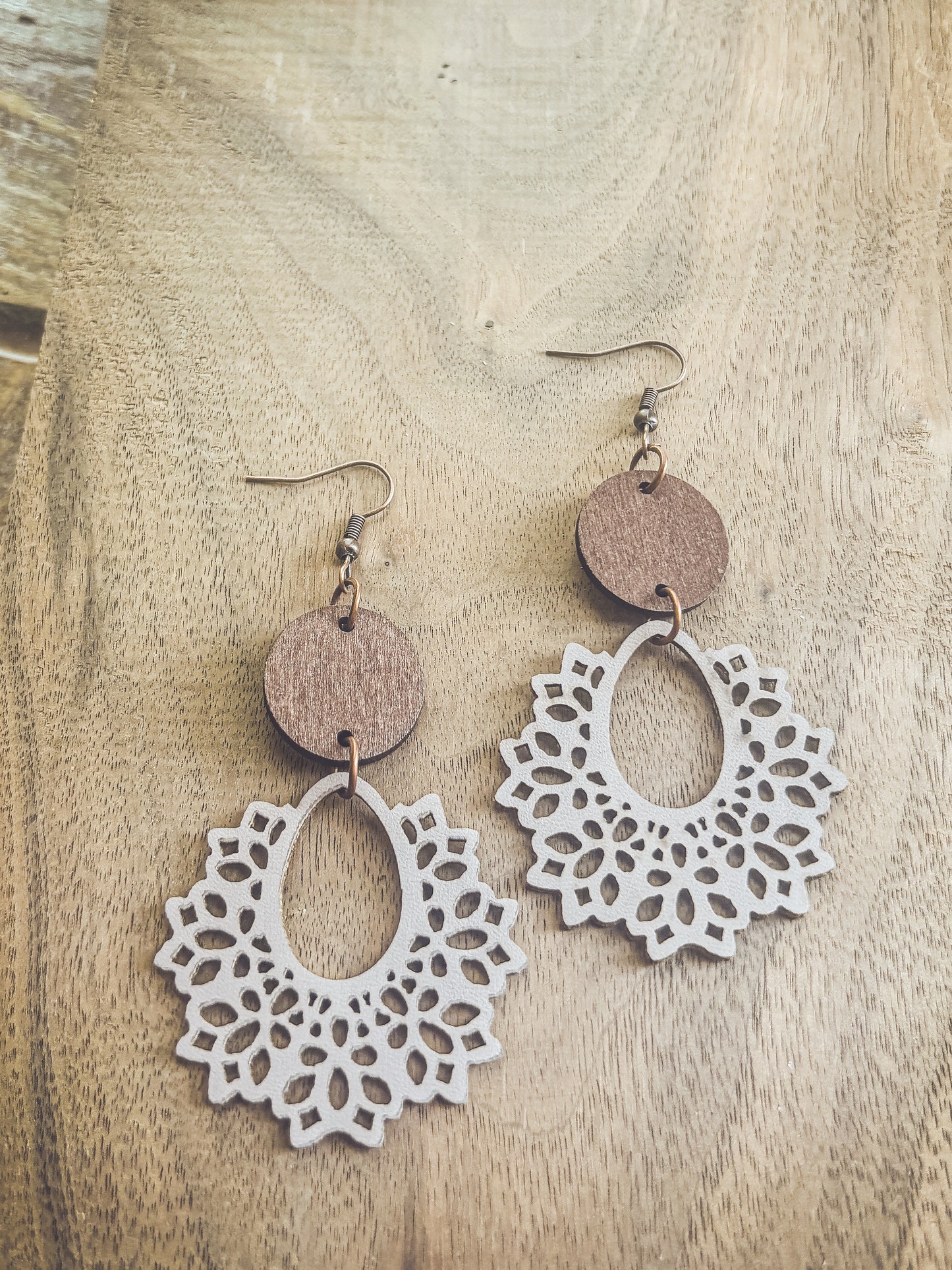Beautiful Off White Wood Lavender Hued and Leather Earrings