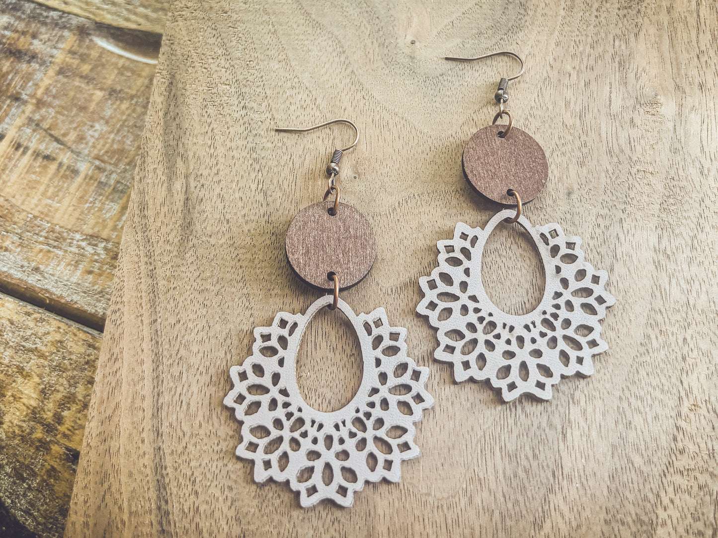 Beautiful Off White Wood Lavender Hued and Leather Earrings