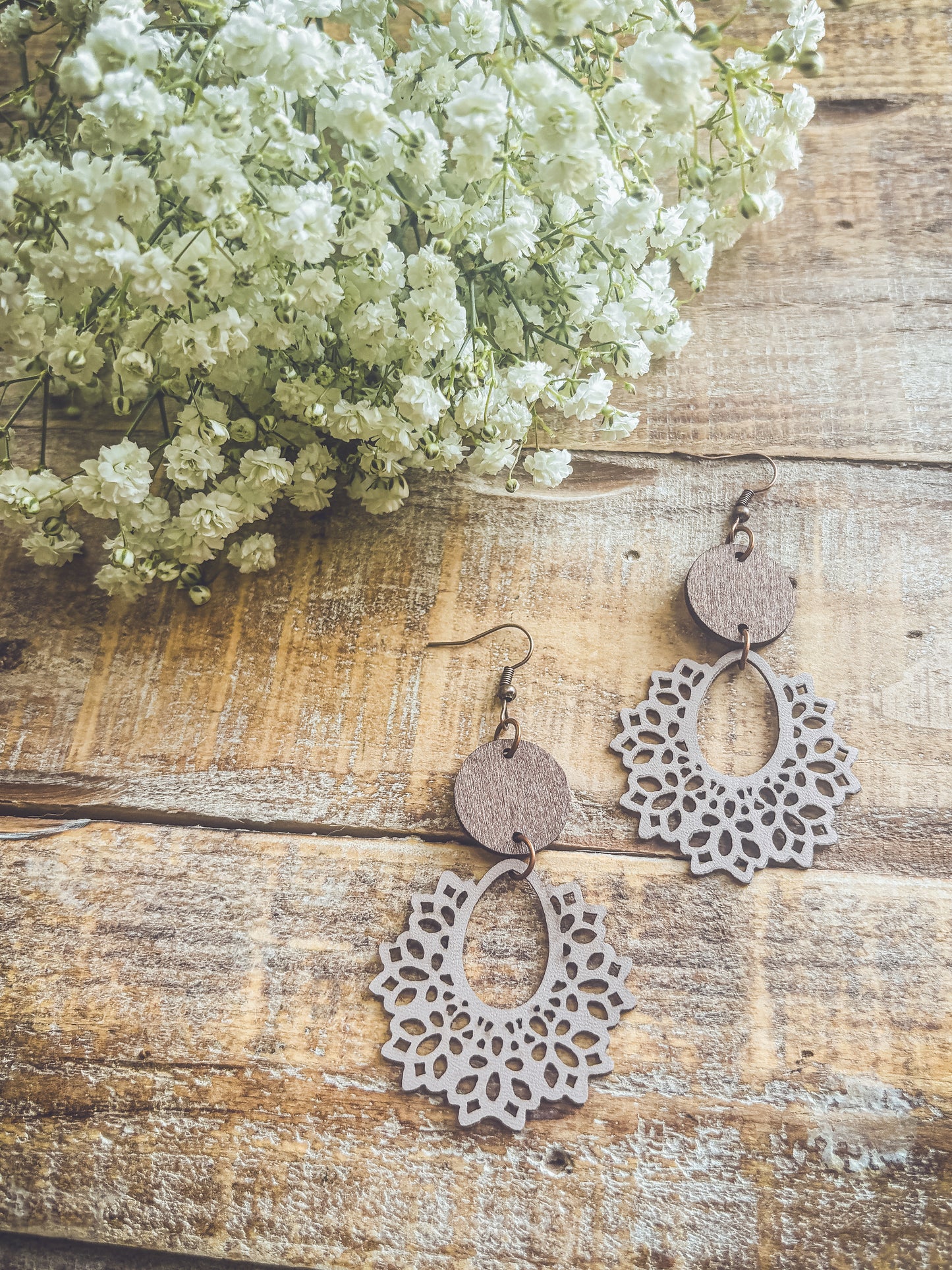 Beautiful Off White Wood Lavender Hued and Leather Earrings
