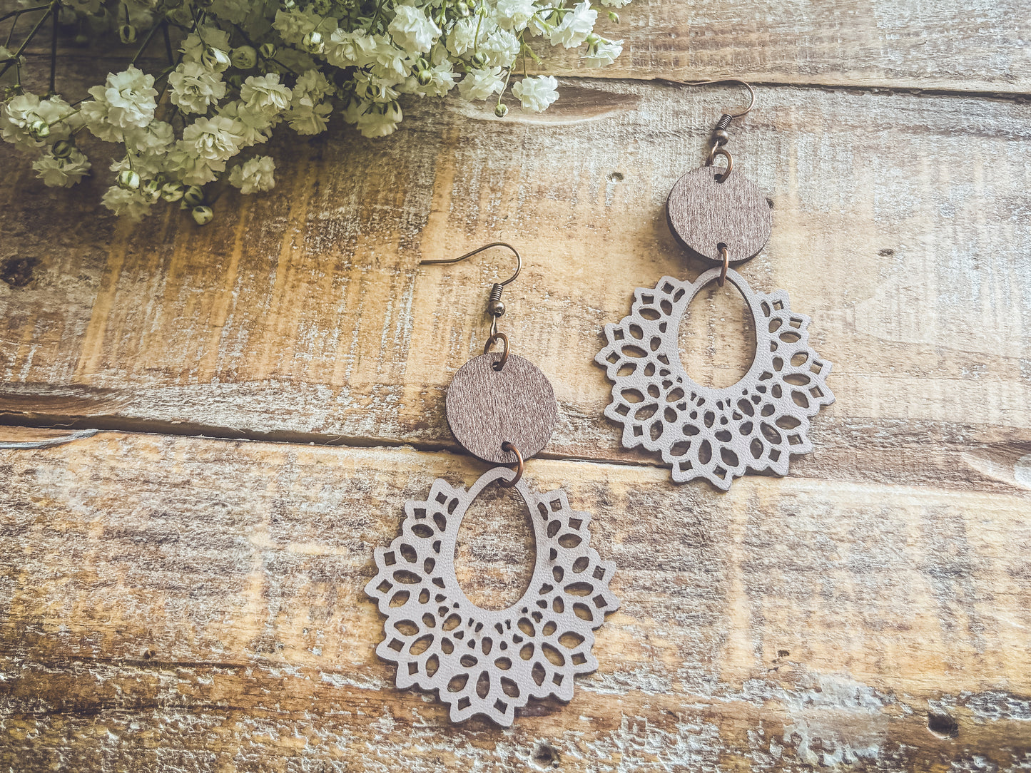 Beautiful Off White Wood Lavender Hued and Leather Earrings
