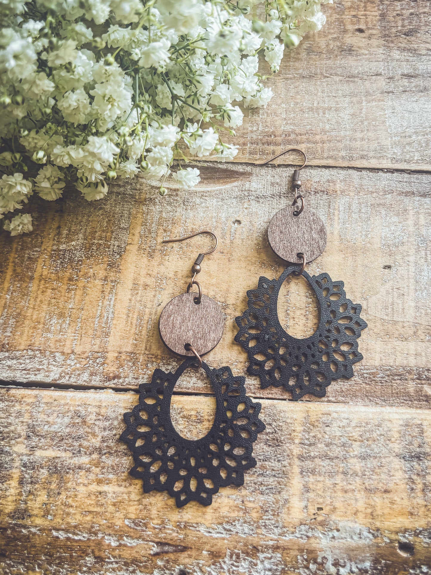 Beautiful Black Leather and Wood Earrings