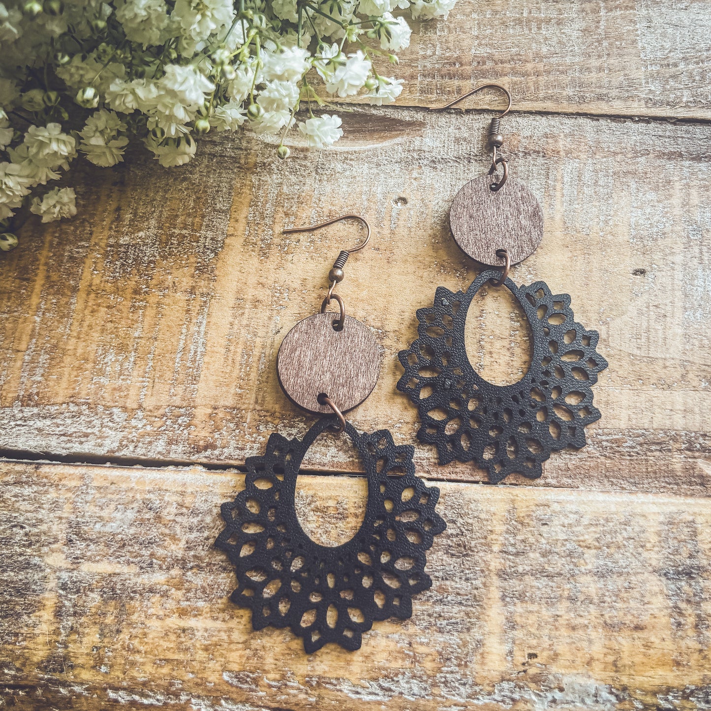 Beautiful Black Leather and Wood Earrings