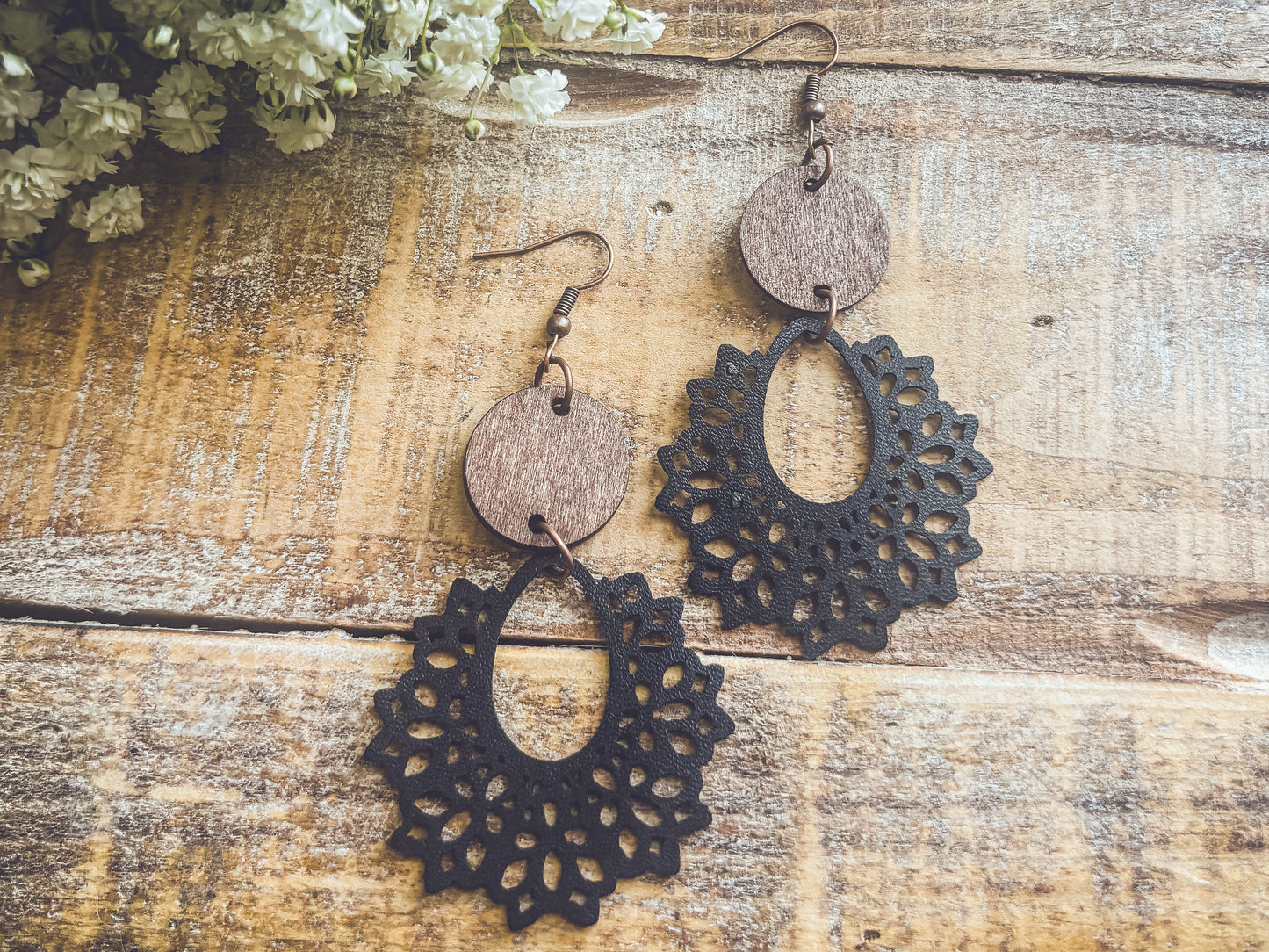 Beautiful Black Leather and Wood Earrings